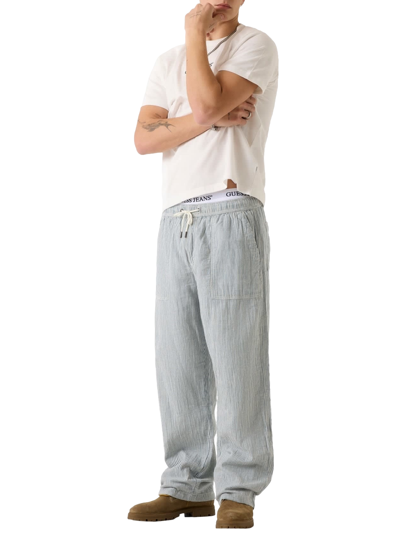 Striped cotton and linen trousers GUESS Beige