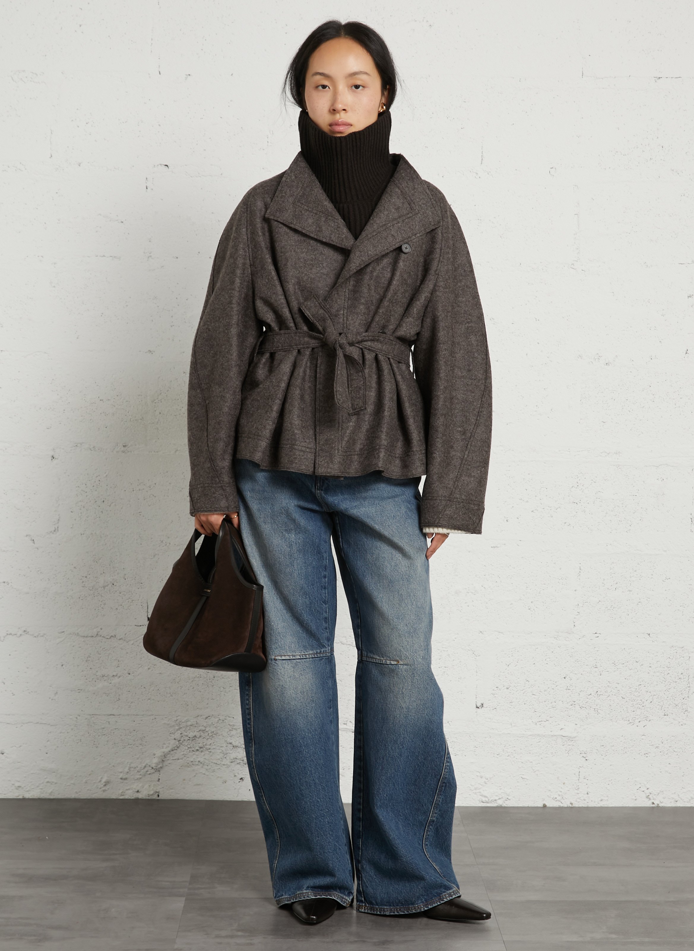 Veste droite à ceinture en laine theia SOEUR Marron
