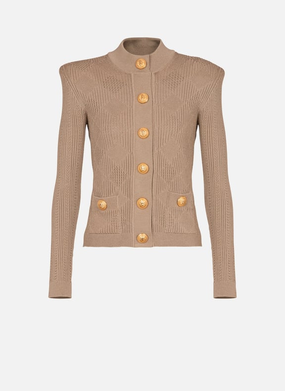 Cardigan en maille ajourée vichy Beige by BALMAIN BALMAIN Cardigan en maille ajourée vichy Beige
