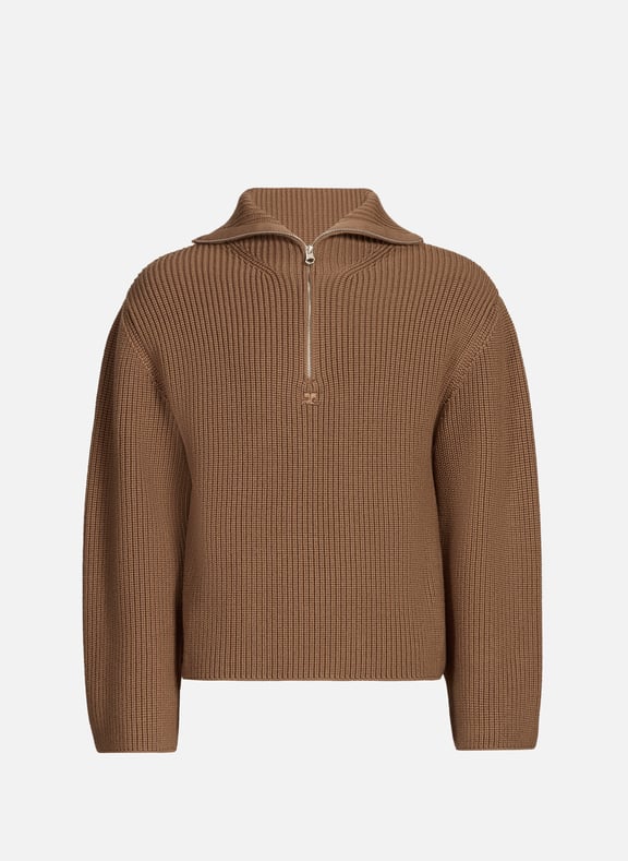 Pull col zippé en laine mérinos Marron by COURRÈGES COURRÈGES Pull col zippé en laine mérinos Marron