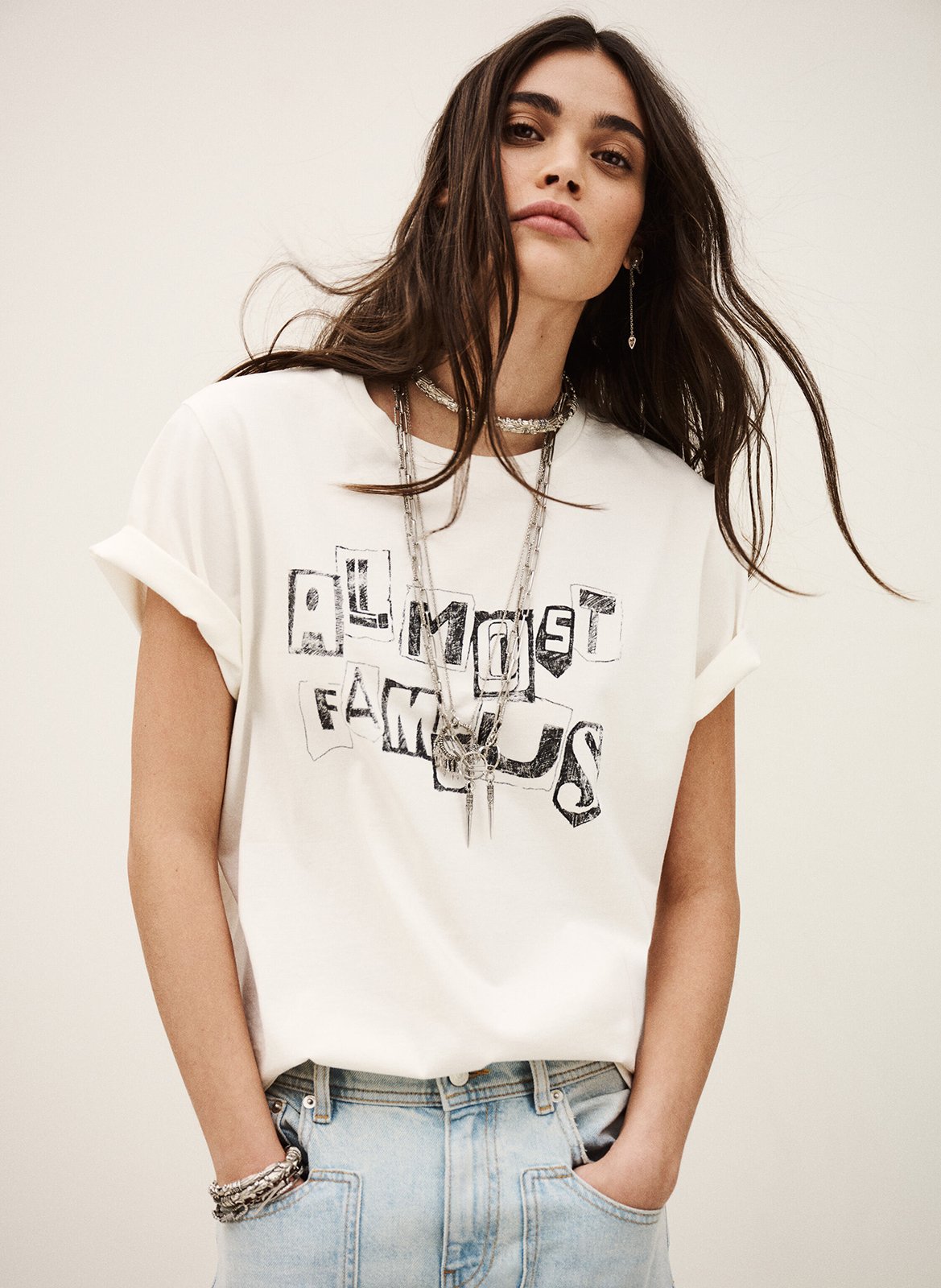 Tee-shirt droit col rond en coton sérigraphié ralfa BA&SH Beige