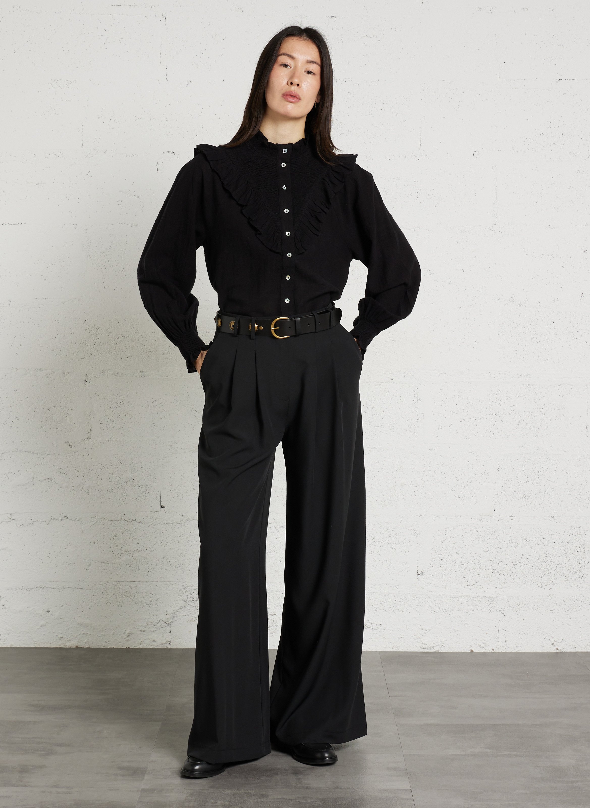 Chemisier droit boutonné à volants Diva MAISON 123 Noir