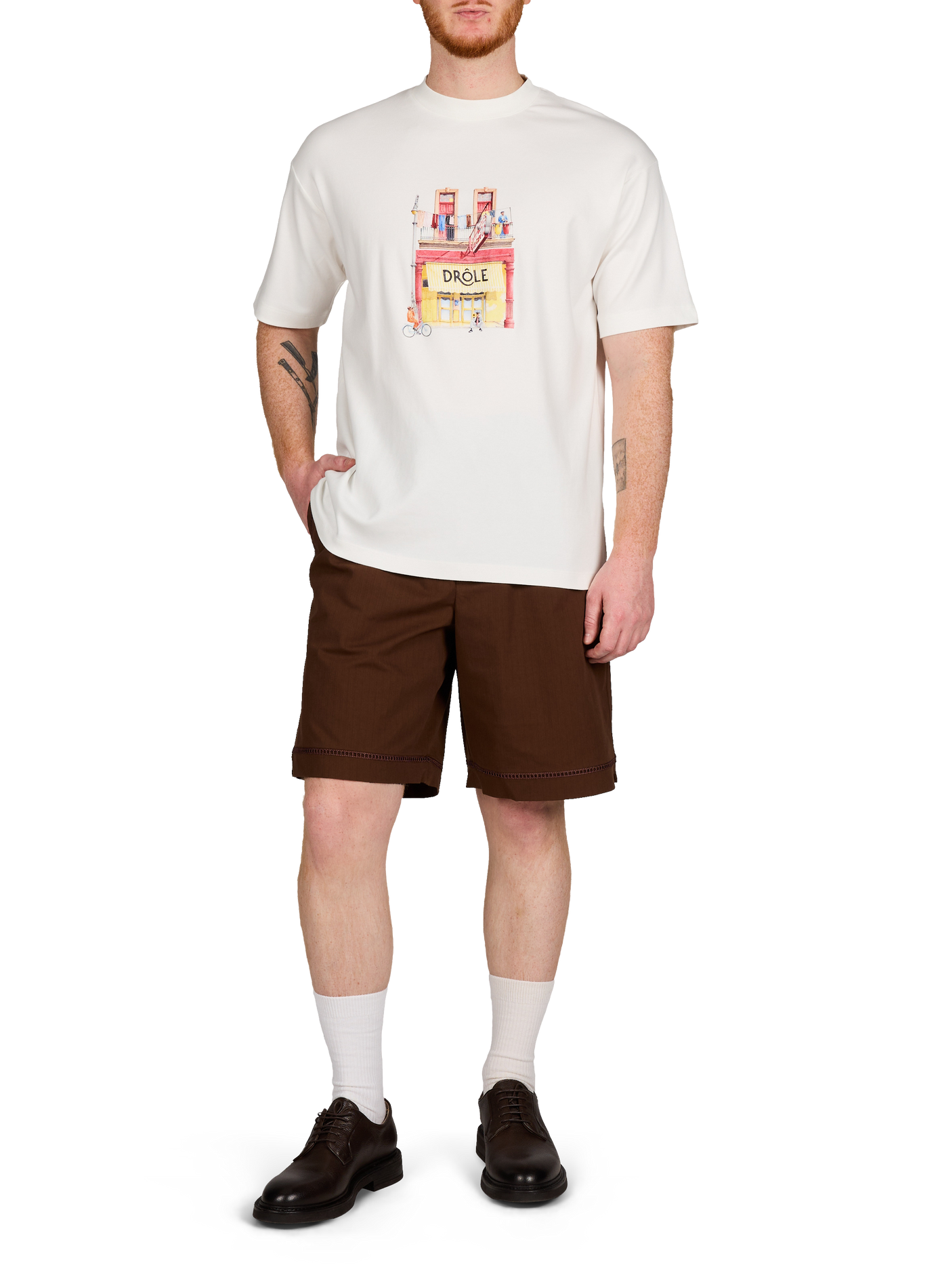 Straight printed Coffee T-shirt in cotton DROLE DE MONSIEUR Beige