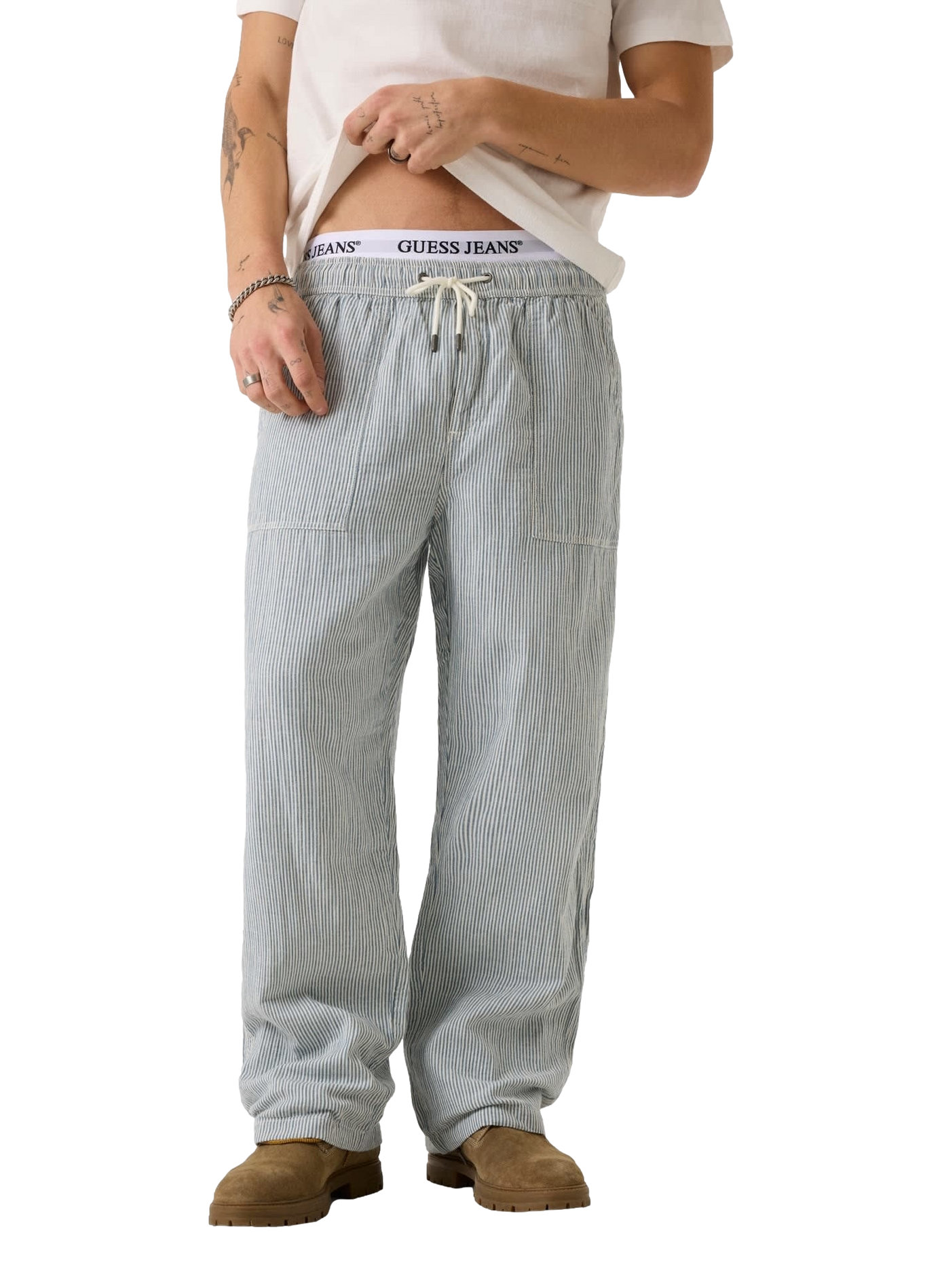 Striped cotton and linen trousers GUESS Beige