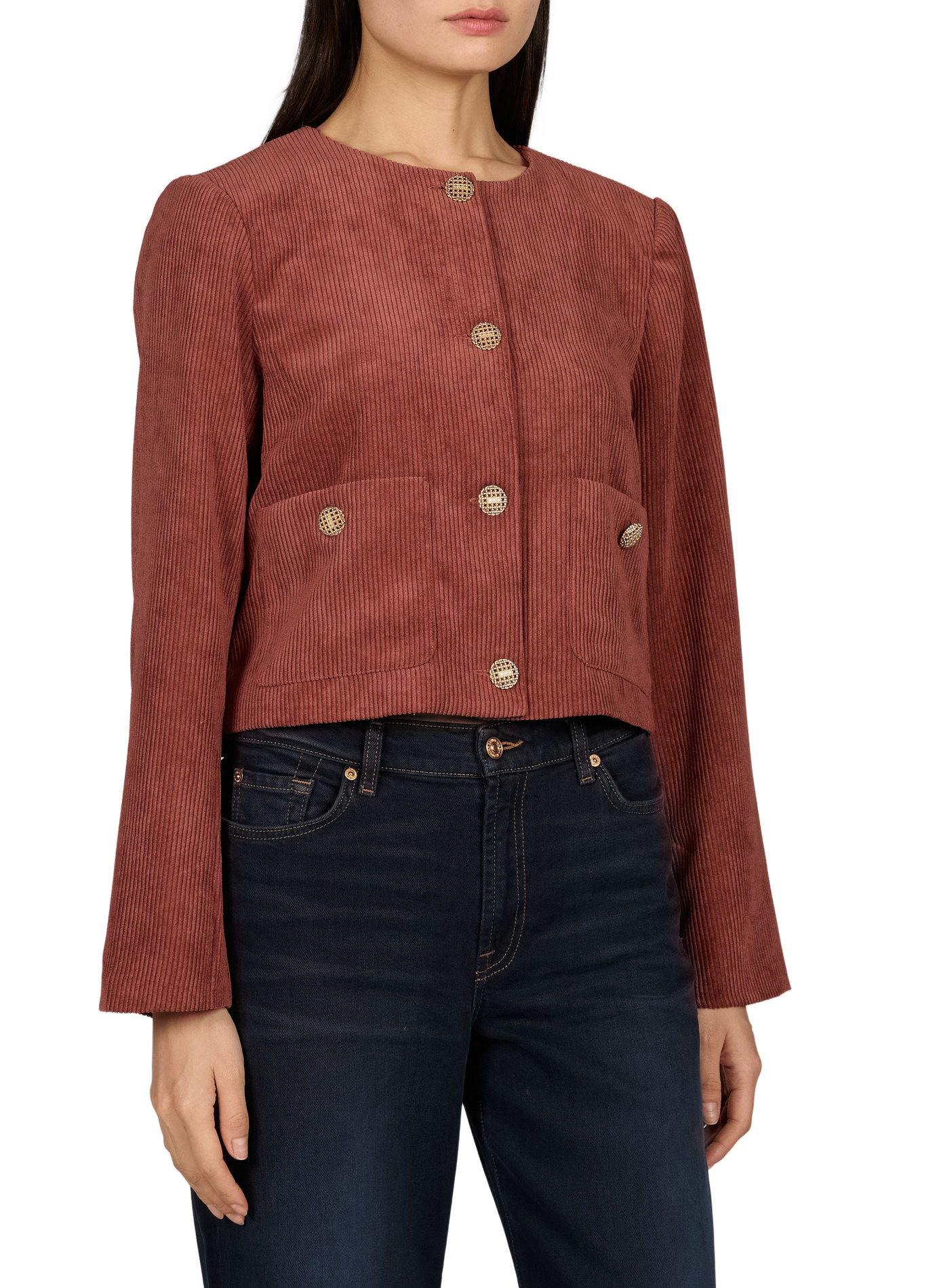 Gerade geschnittene Jacke mit Rundhalsausschnitt aus Cord VILA Beige