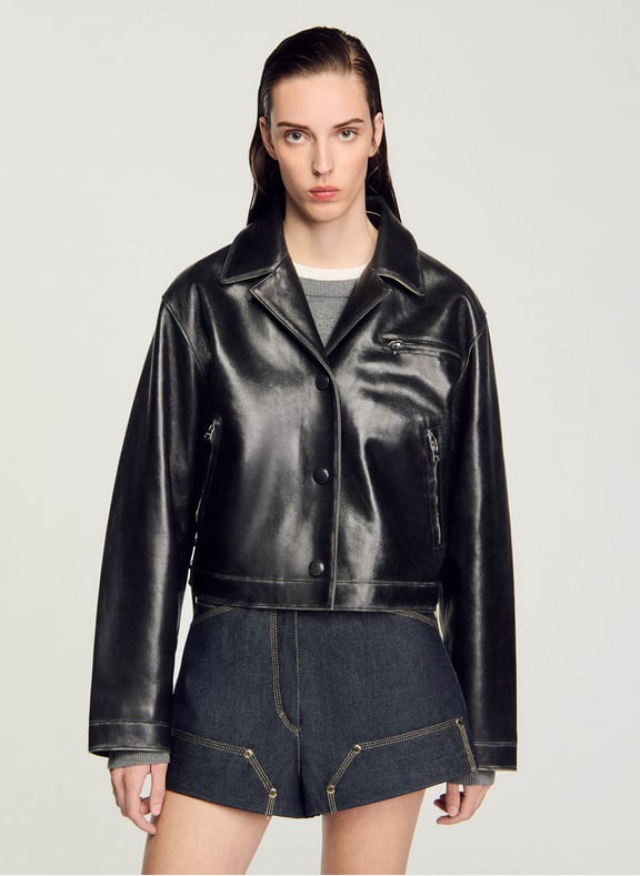 Blouson en cuir vieilli Noir by SANDRO SANDRO Blouson en cuir vieilli Noir