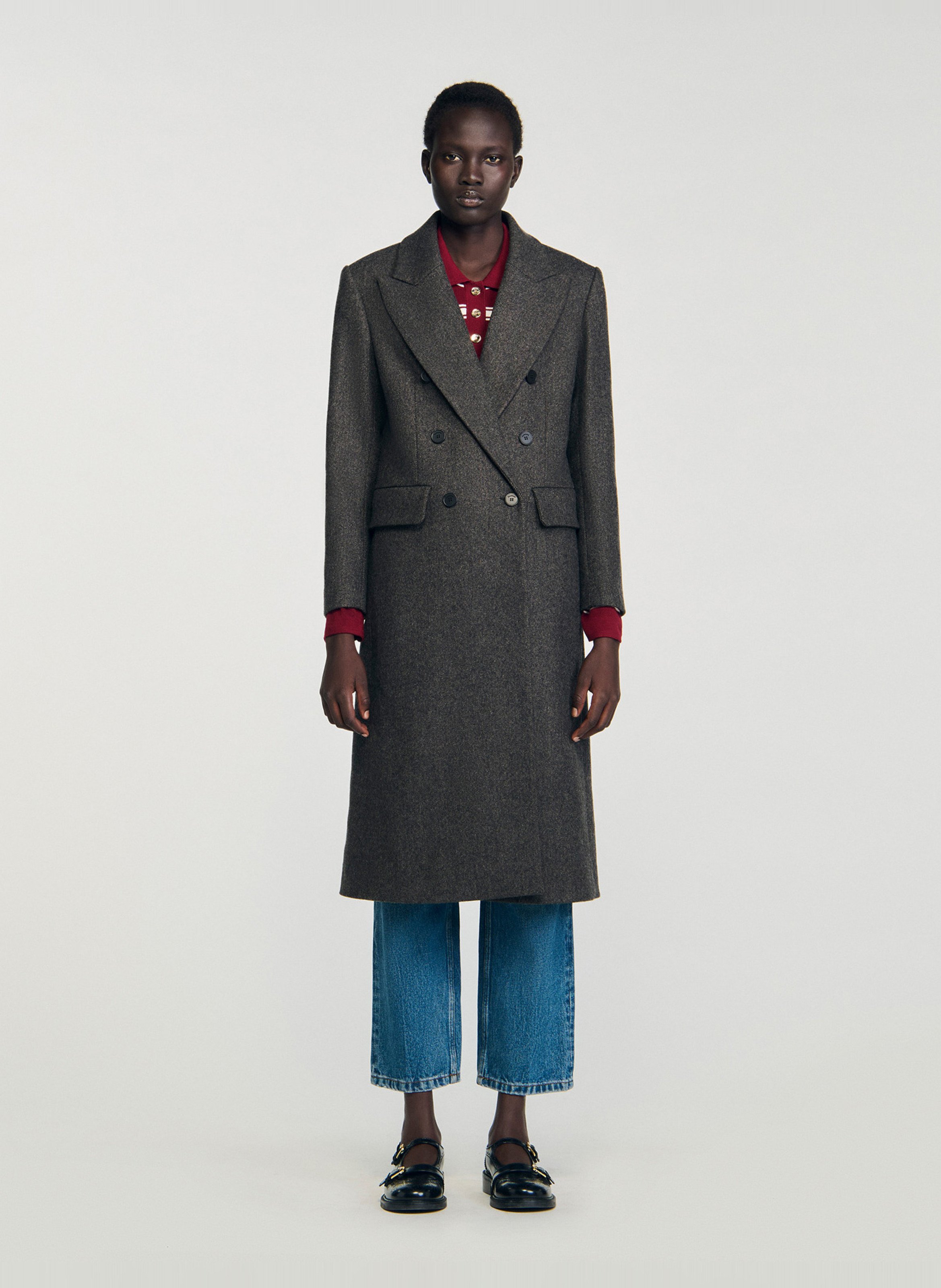 Manteau col tailleur en laine mélangée SANDRO Gris