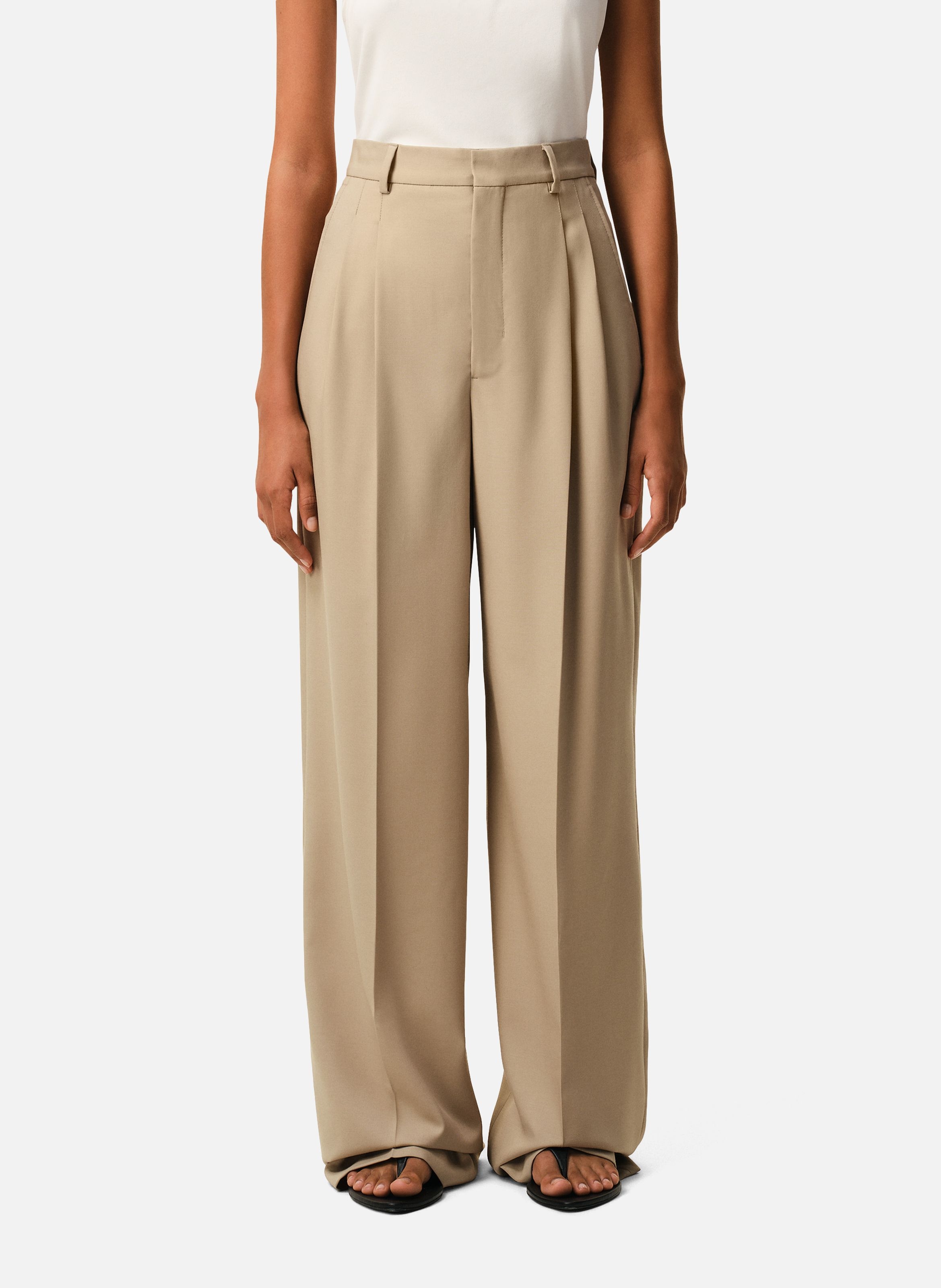 Pantalon large taille haute en laine vierge BeigeAMI PARIS