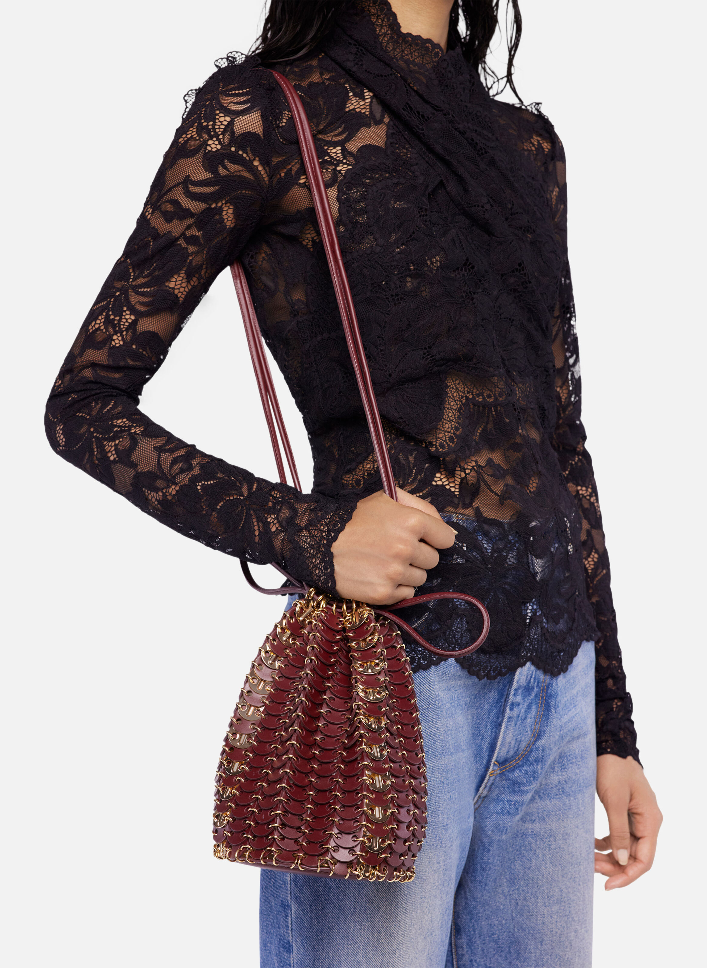 Sac seau flip en cuir réversible RABANNE Rouge