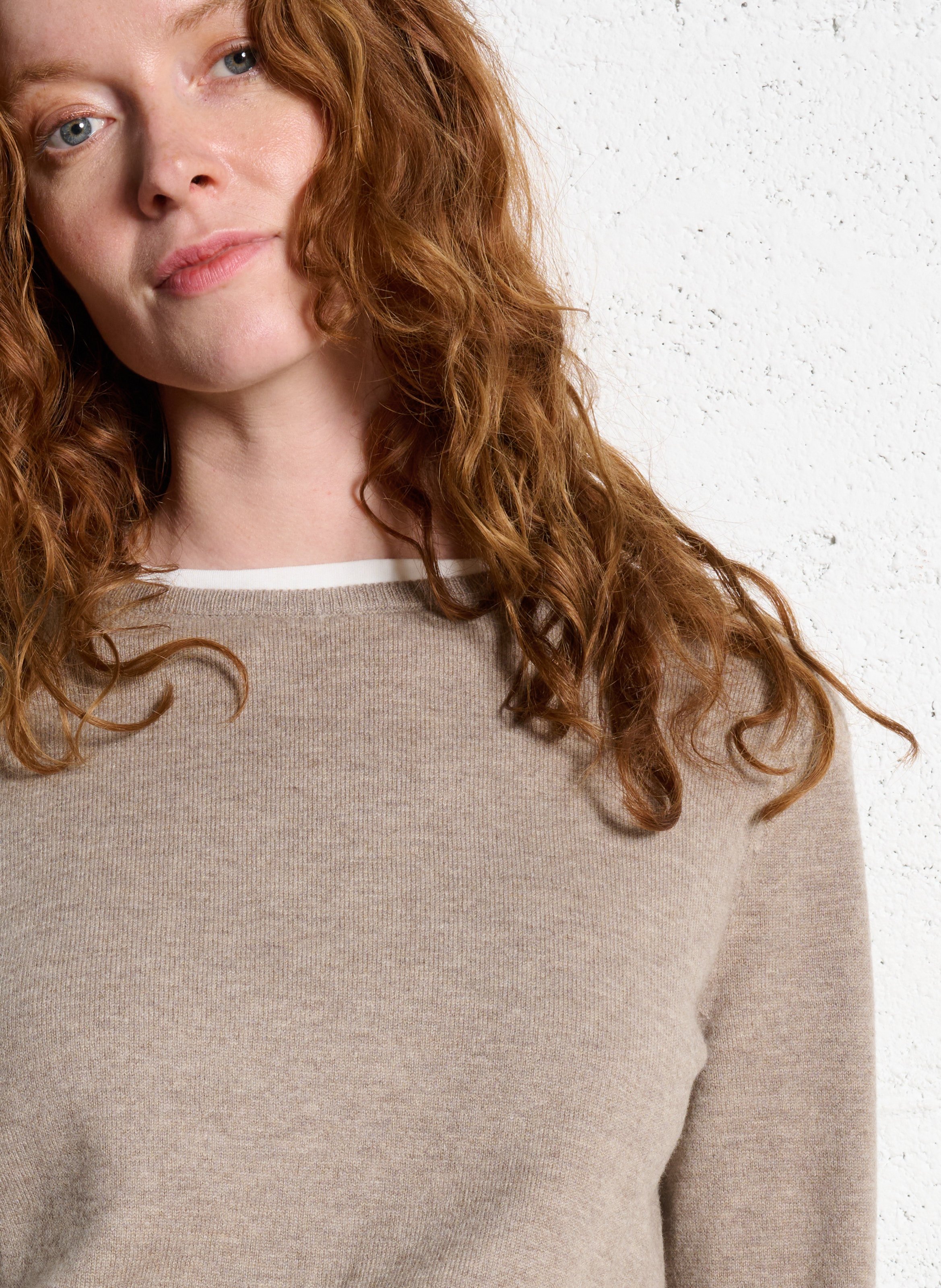 Pull droit col rond en coton IKKS Beige