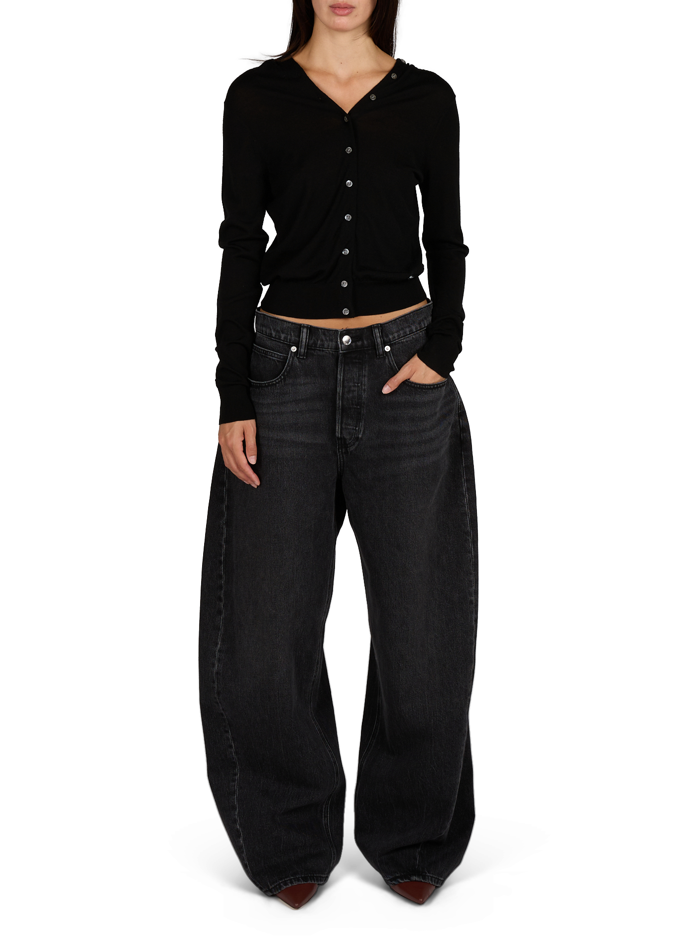 Cardigan à col v boutonnée et décolleté dos en laine ALEXANDER WANG Noir
