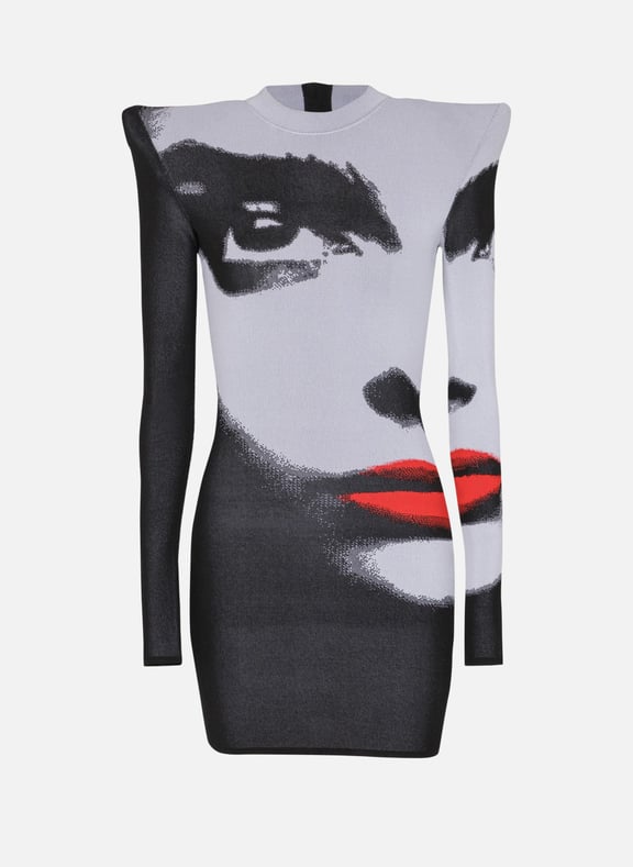 Robe en maille jacquard motif face Blanc by BALMAIN BALMAIN Robe en maille jacquard motif face Blanc