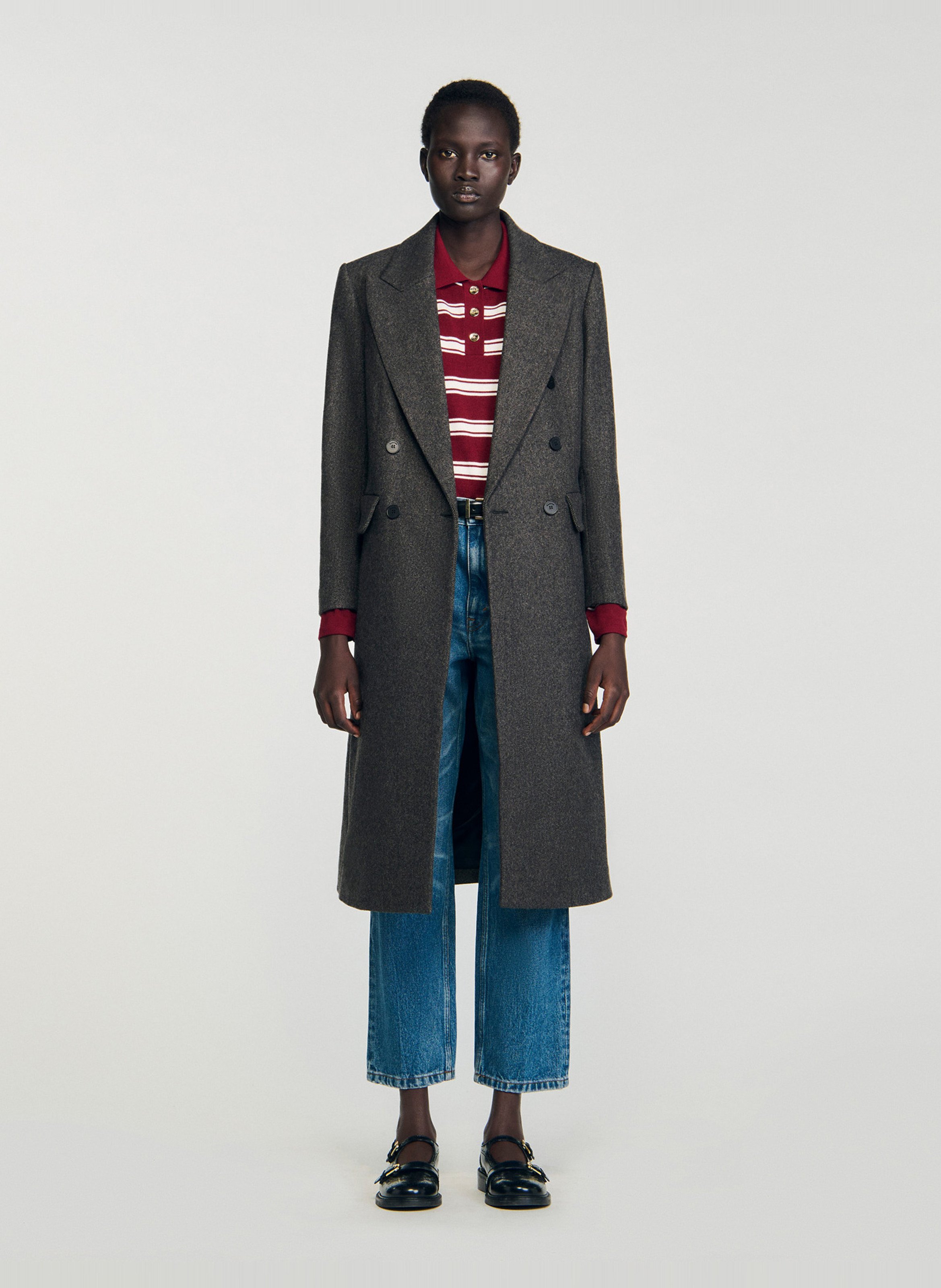 Manteau col tailleur en laine mélangée SANDRO Gris