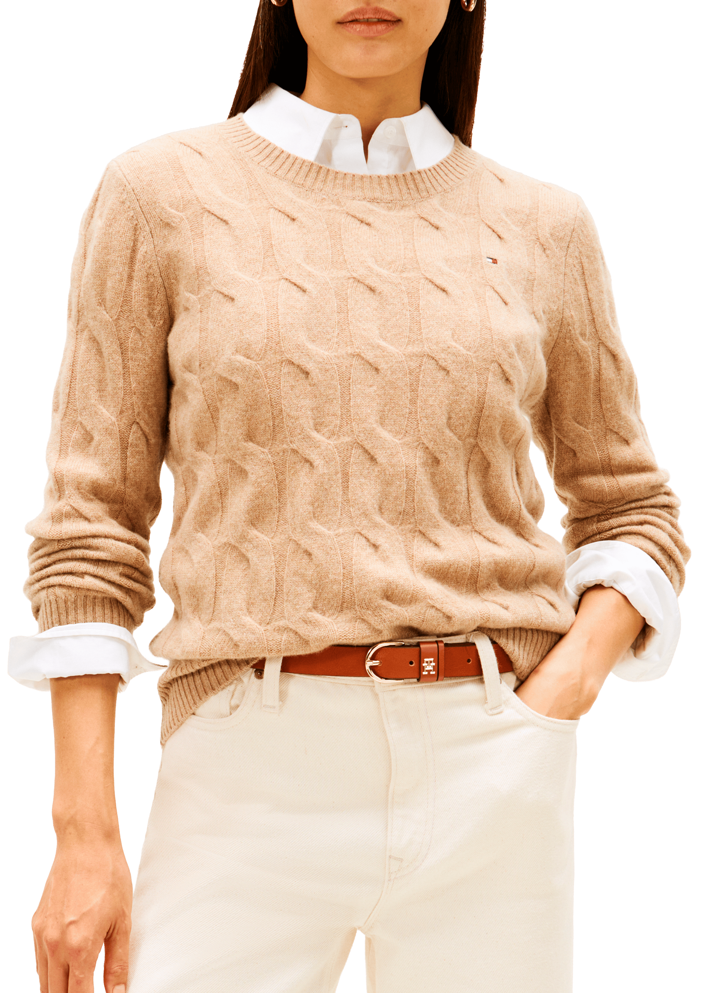 TOMMY HILFIGER Pull torsadé en laine  Beige