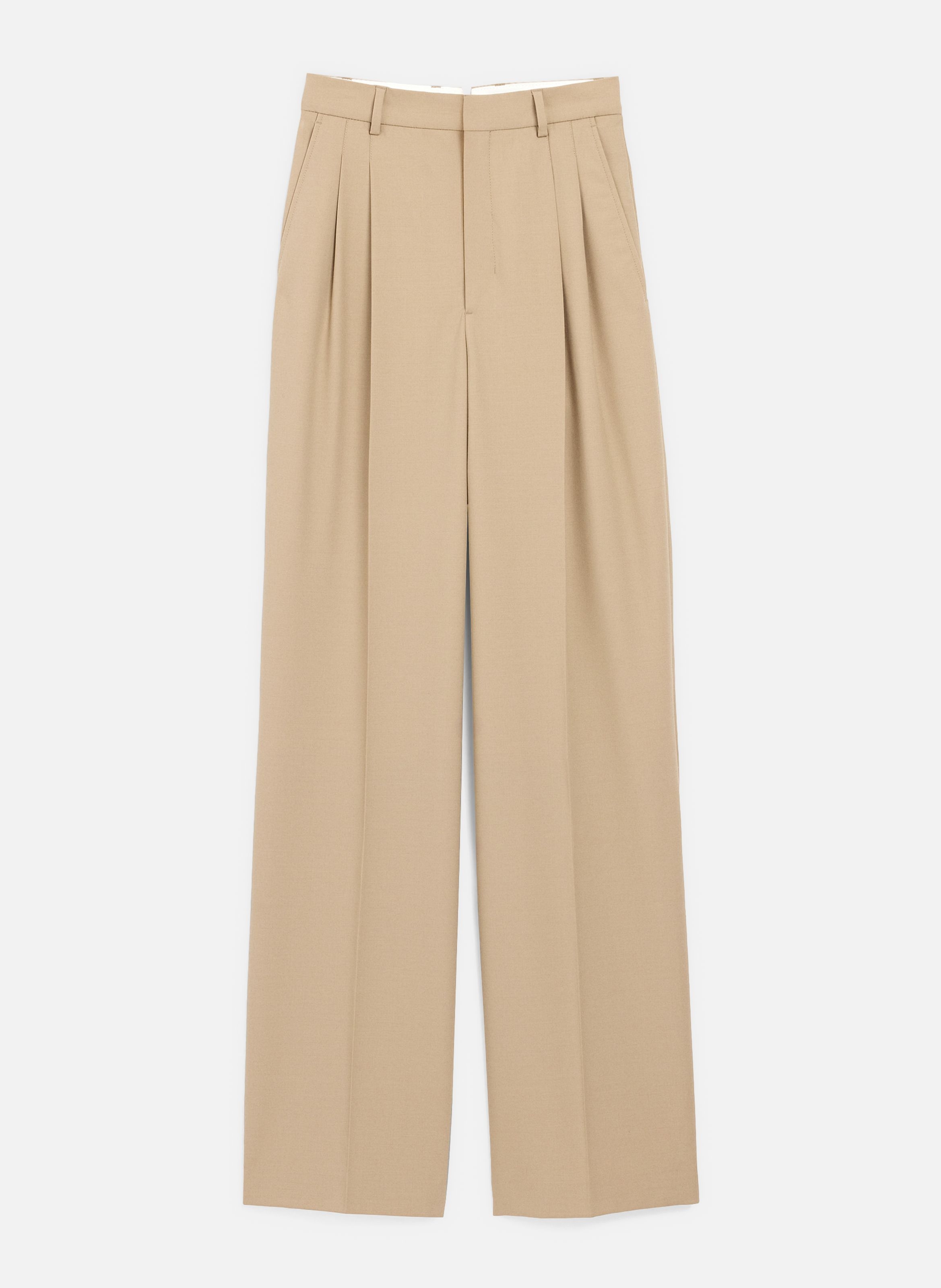 Pantalon large taille haute en laine vierge AMI PARIS Beige