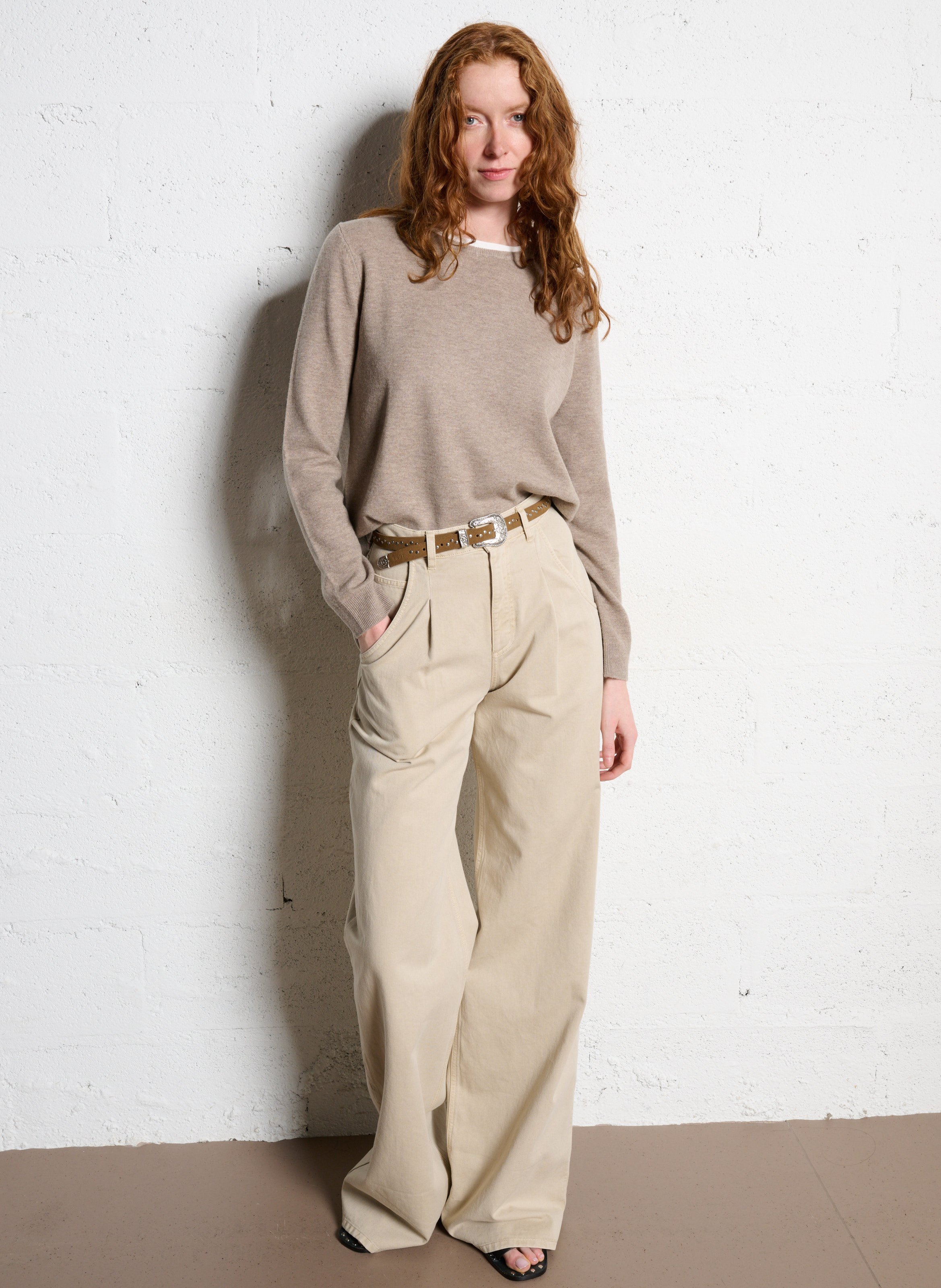 Pull droit col rond en coton IKKS Beige