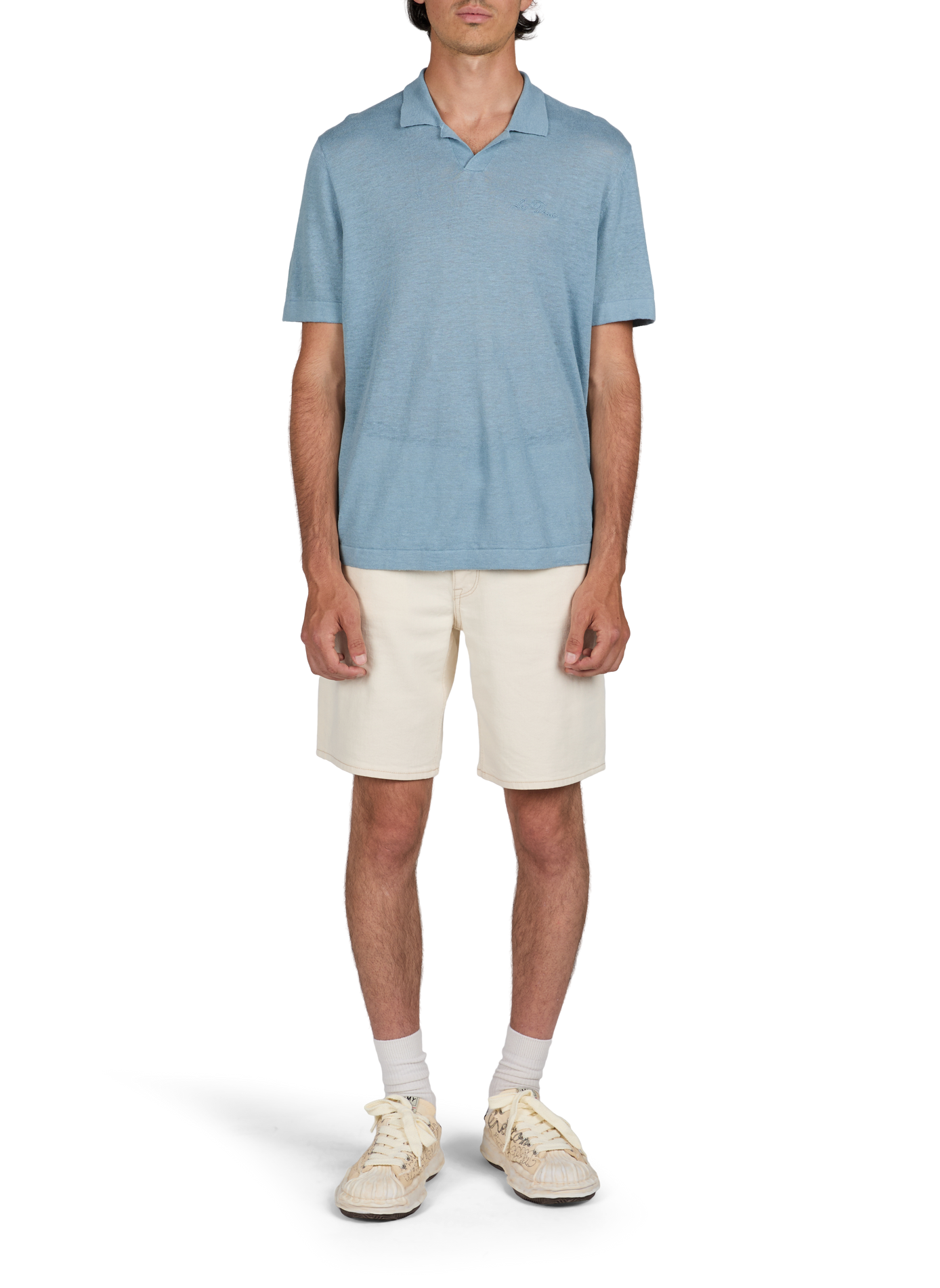 Short-sleeved embroidered linen and cotton polo LES DEUX Blue