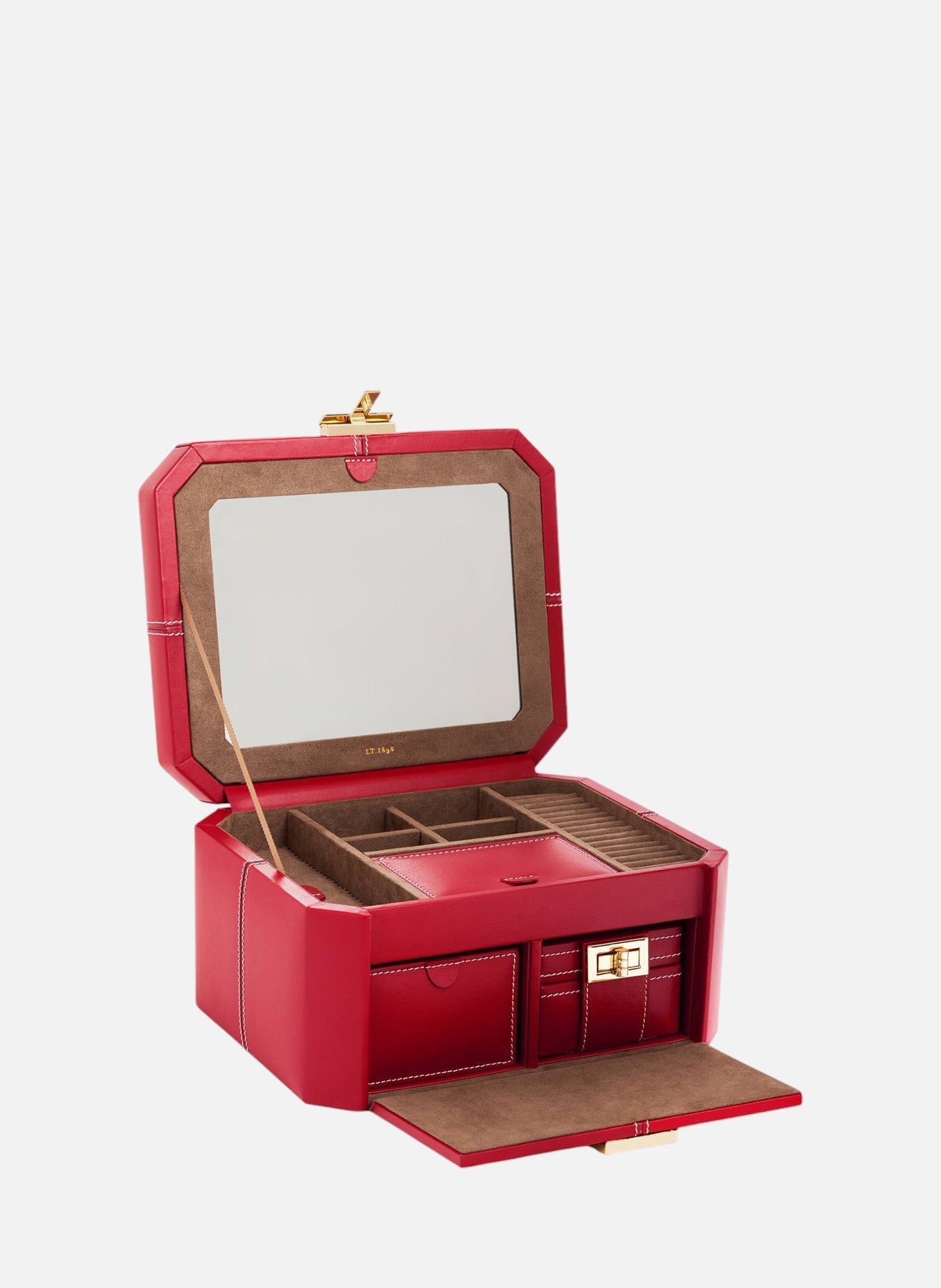 Grande boite à bijoux fermoir t en cuir LE TANNEUR Rouge