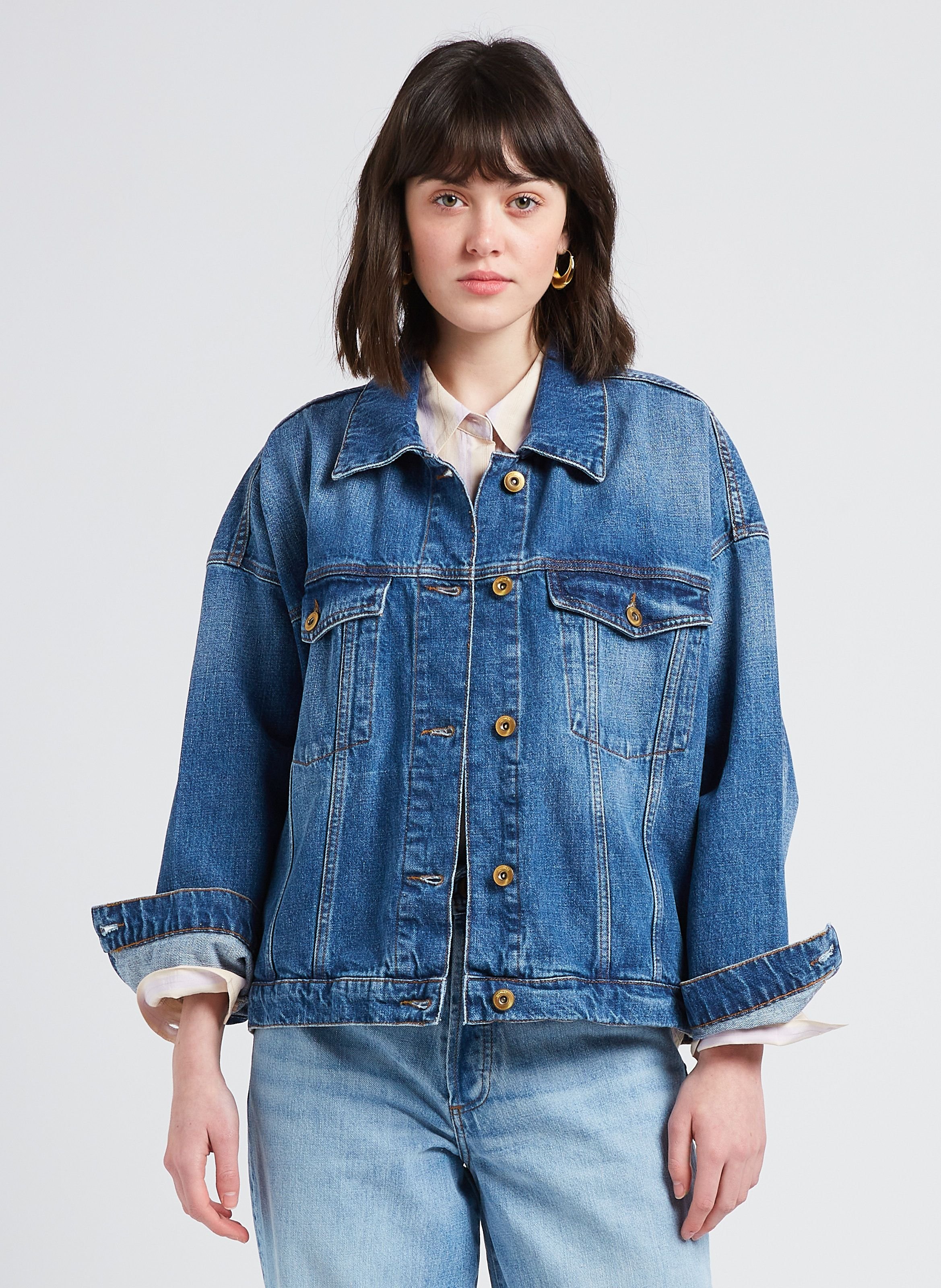 Veste denim délavé ample en coton costello SESSUN Bleu