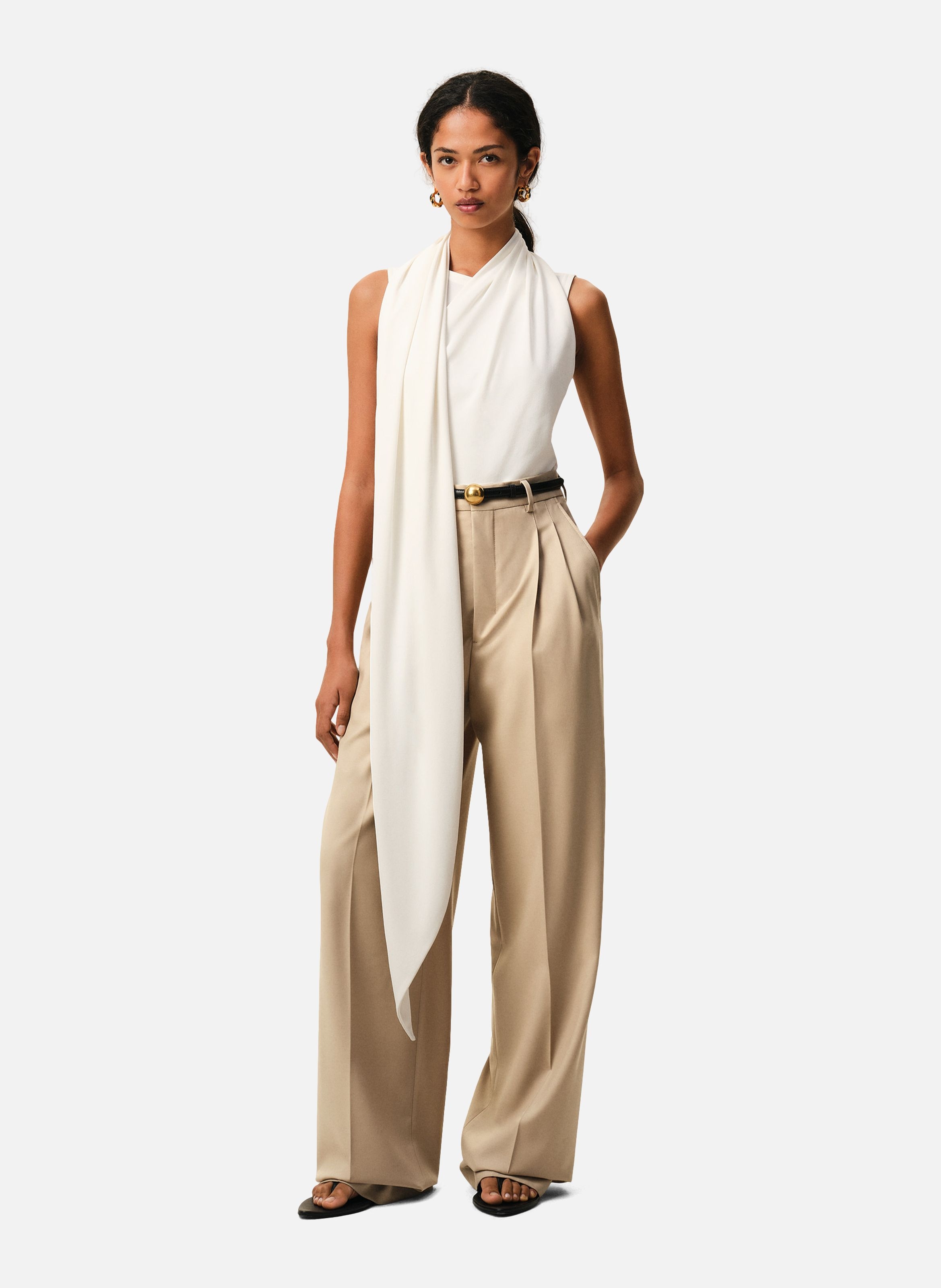 Pantalon large taille haute en laine vierge AMI PARIS Beige