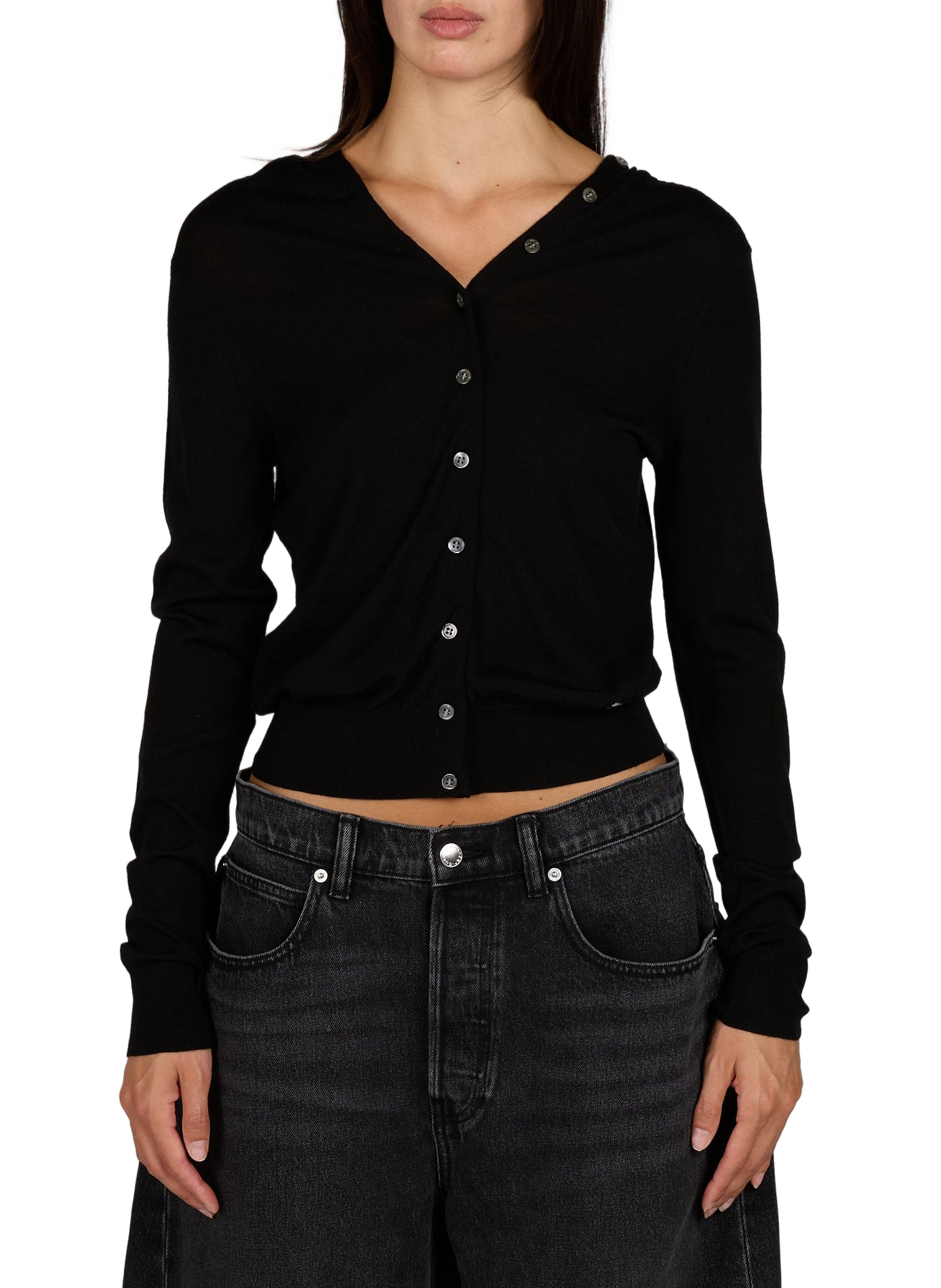 Cardigan à col v boutonnée et décolleté dos en laine ALEXANDER WANG Noir