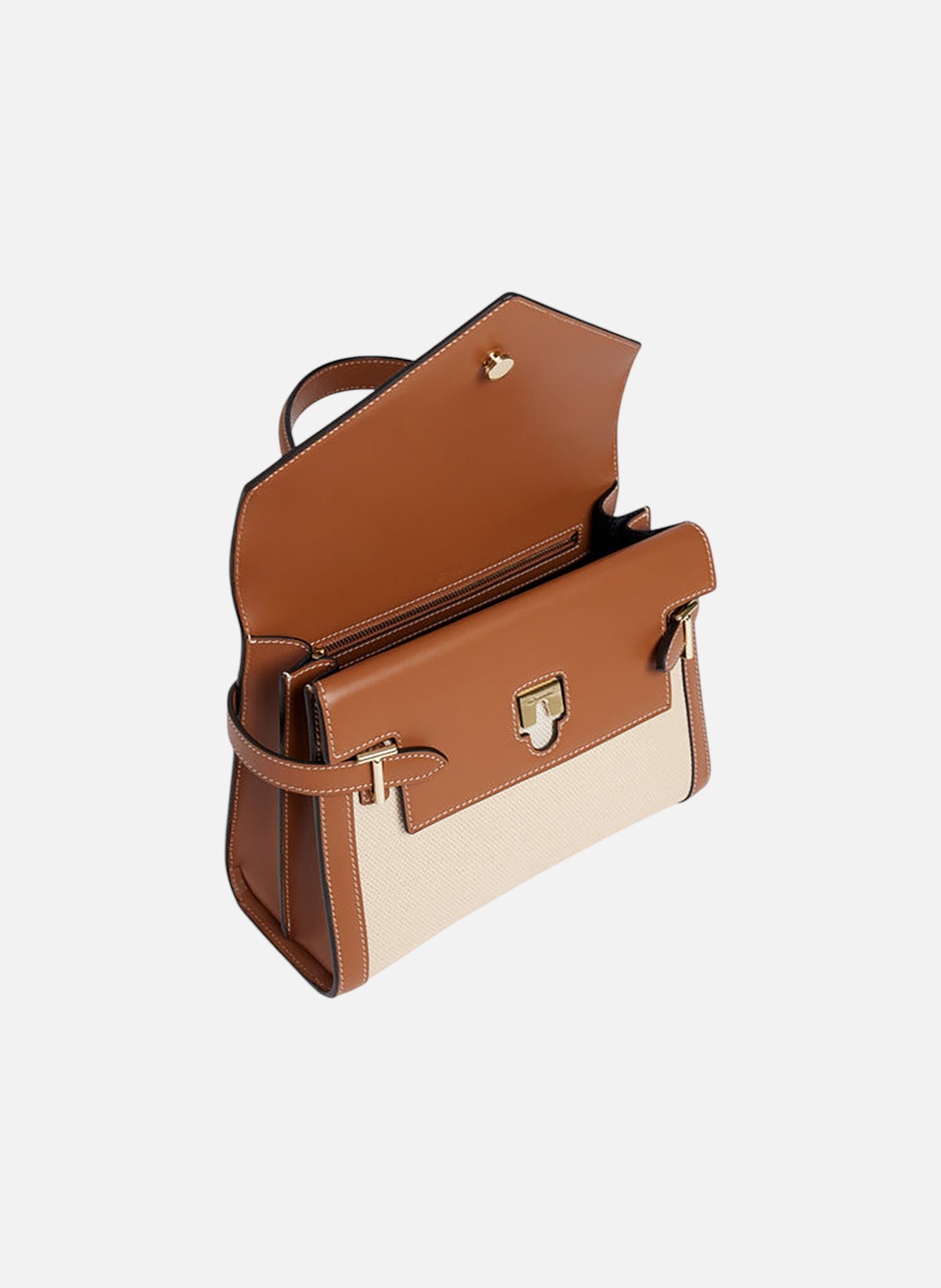 Sac à main double rabat moyen modèle emilie en toile coton et cuir lisse LE TANNEUR Beige