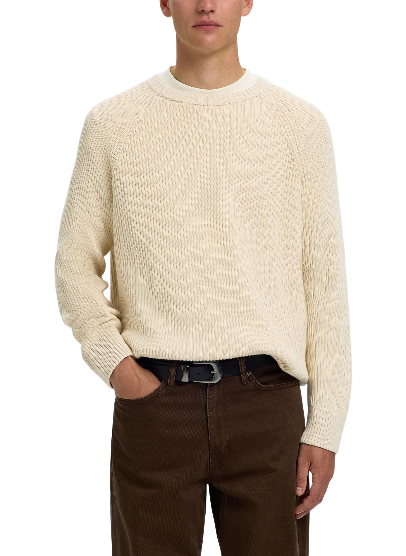 Rechte katoenen trui met geribbelde structuur SELECTED Beige
