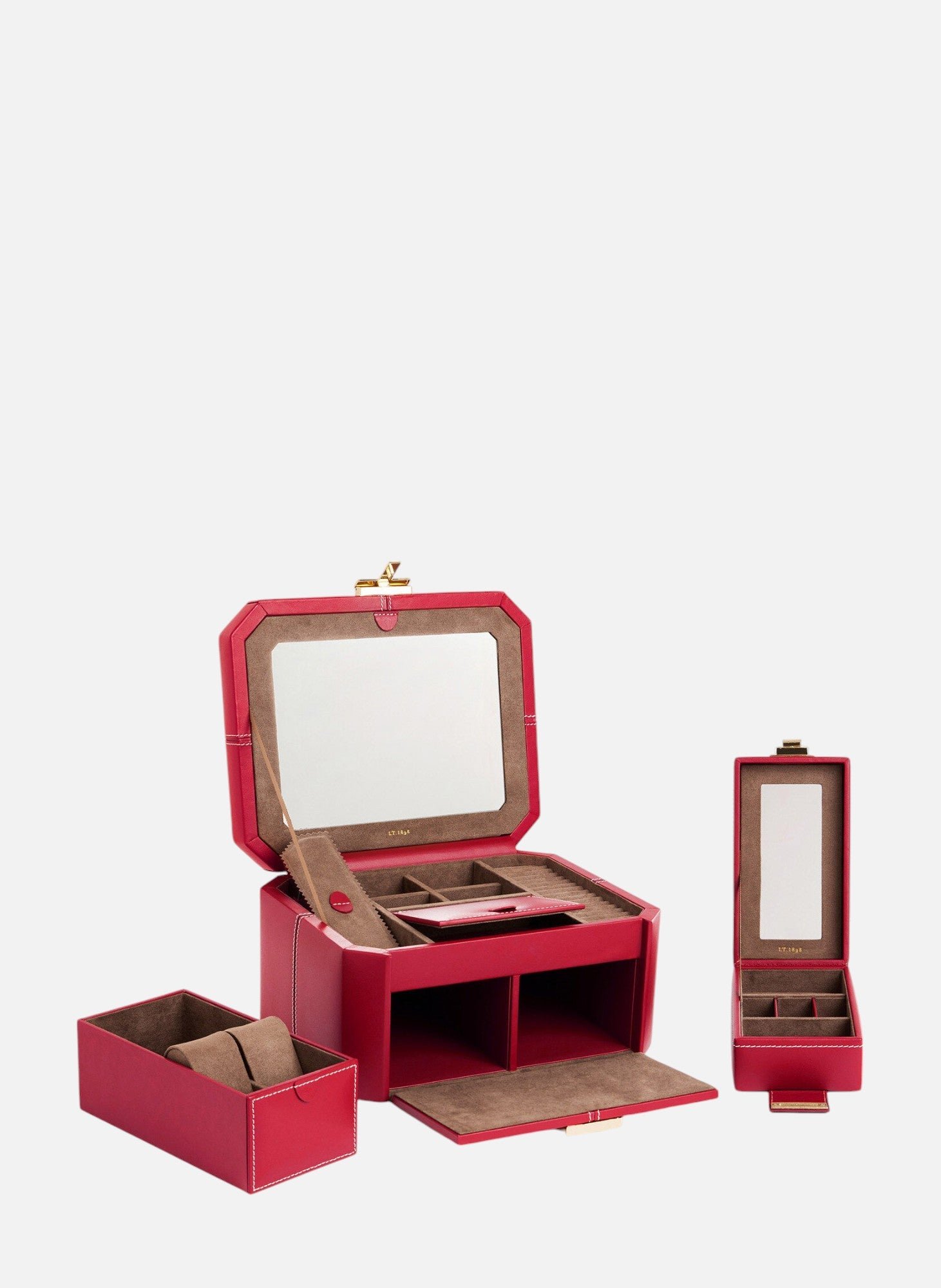 Grande boite à bijoux fermoir t en cuir LE TANNEUR Rouge