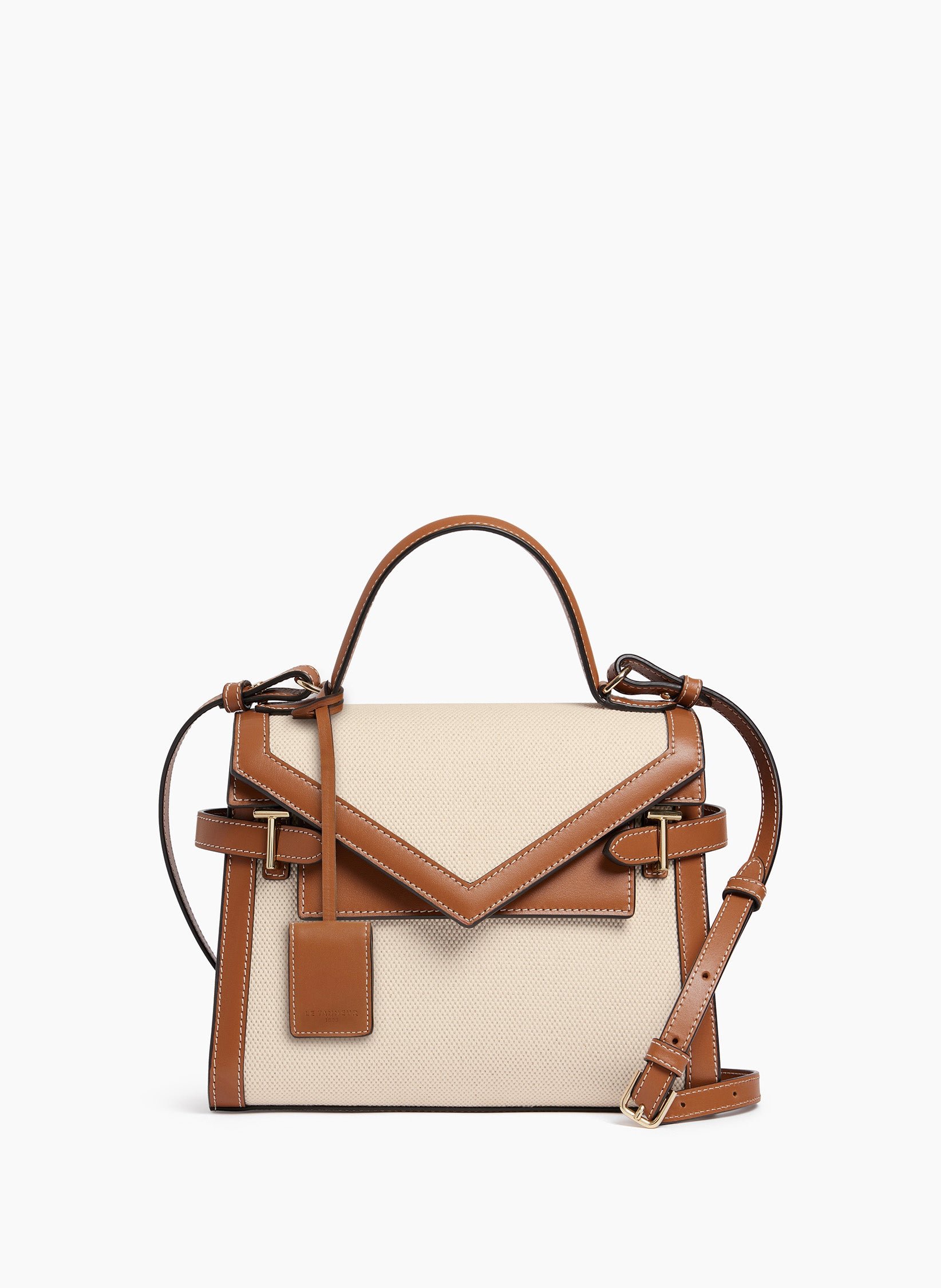 Sac à main double rabat moyen modèle emilie en toile coton et cuir lisse MarronLE TANNEUR