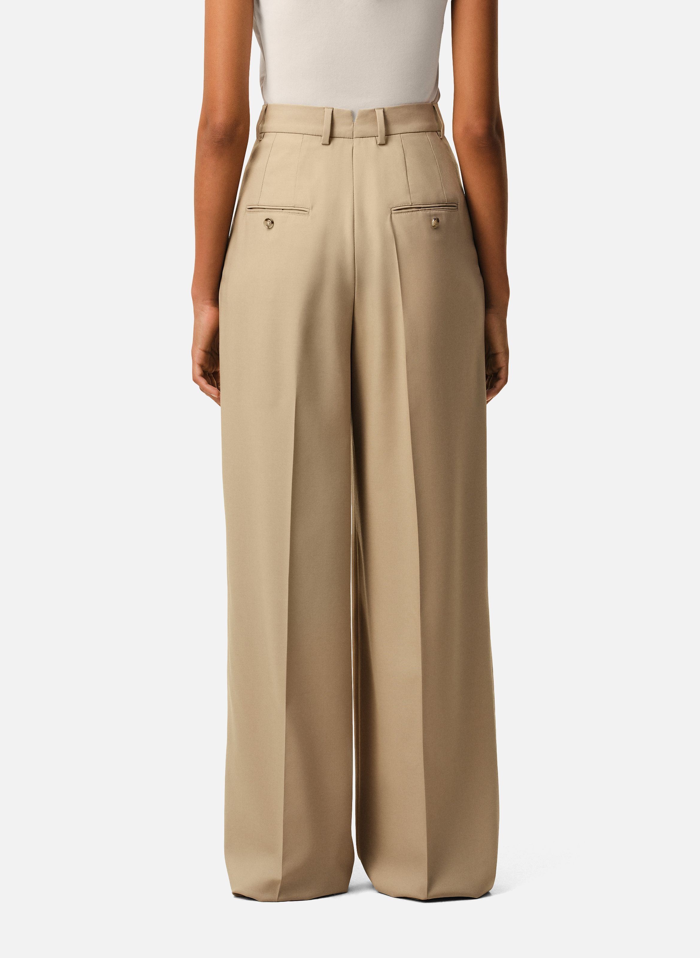 Pantalon large taille haute en laine vierge AMI PARIS Beige
