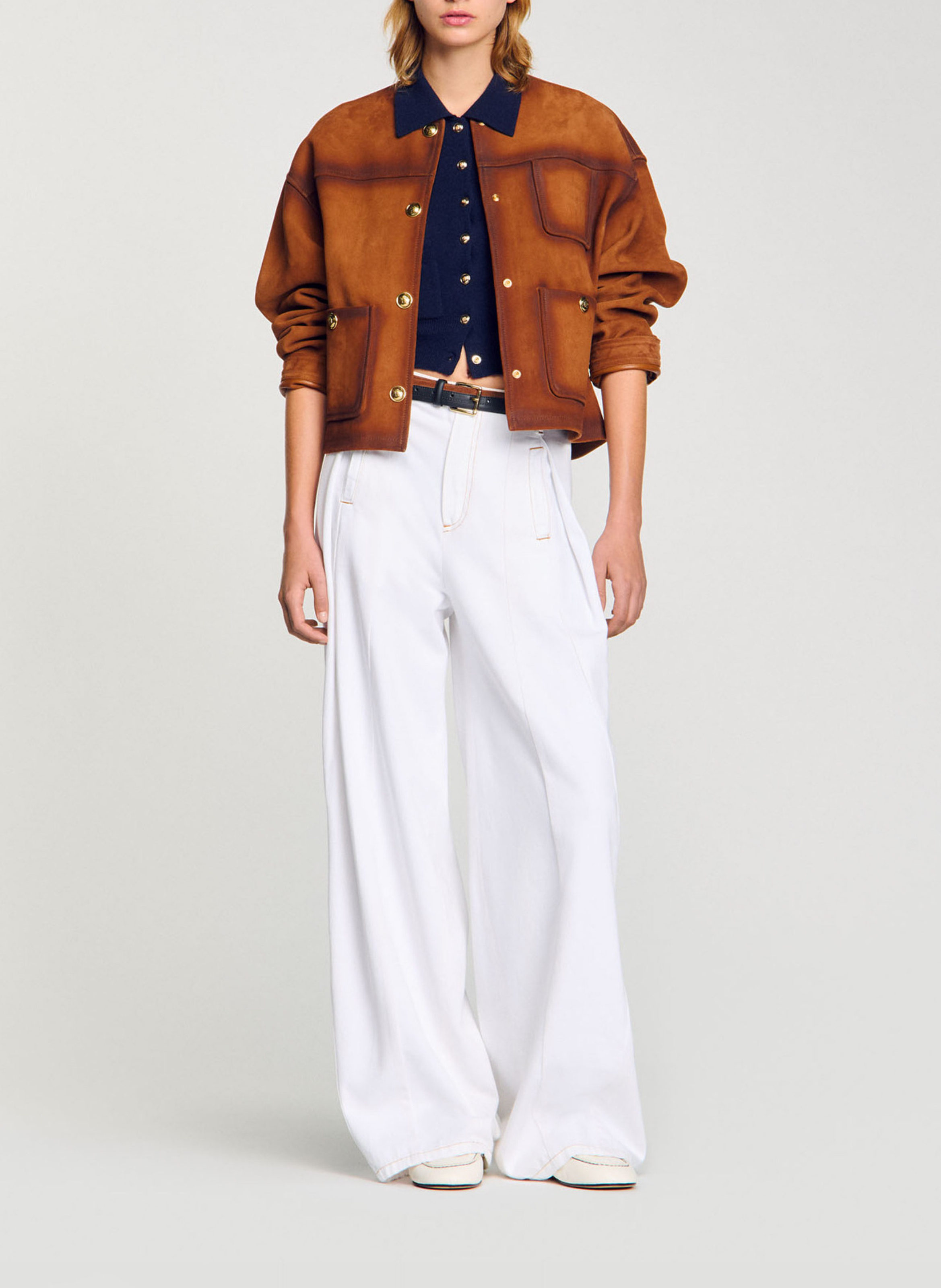 Jean large surpiqué en coton SANDRO Blanc