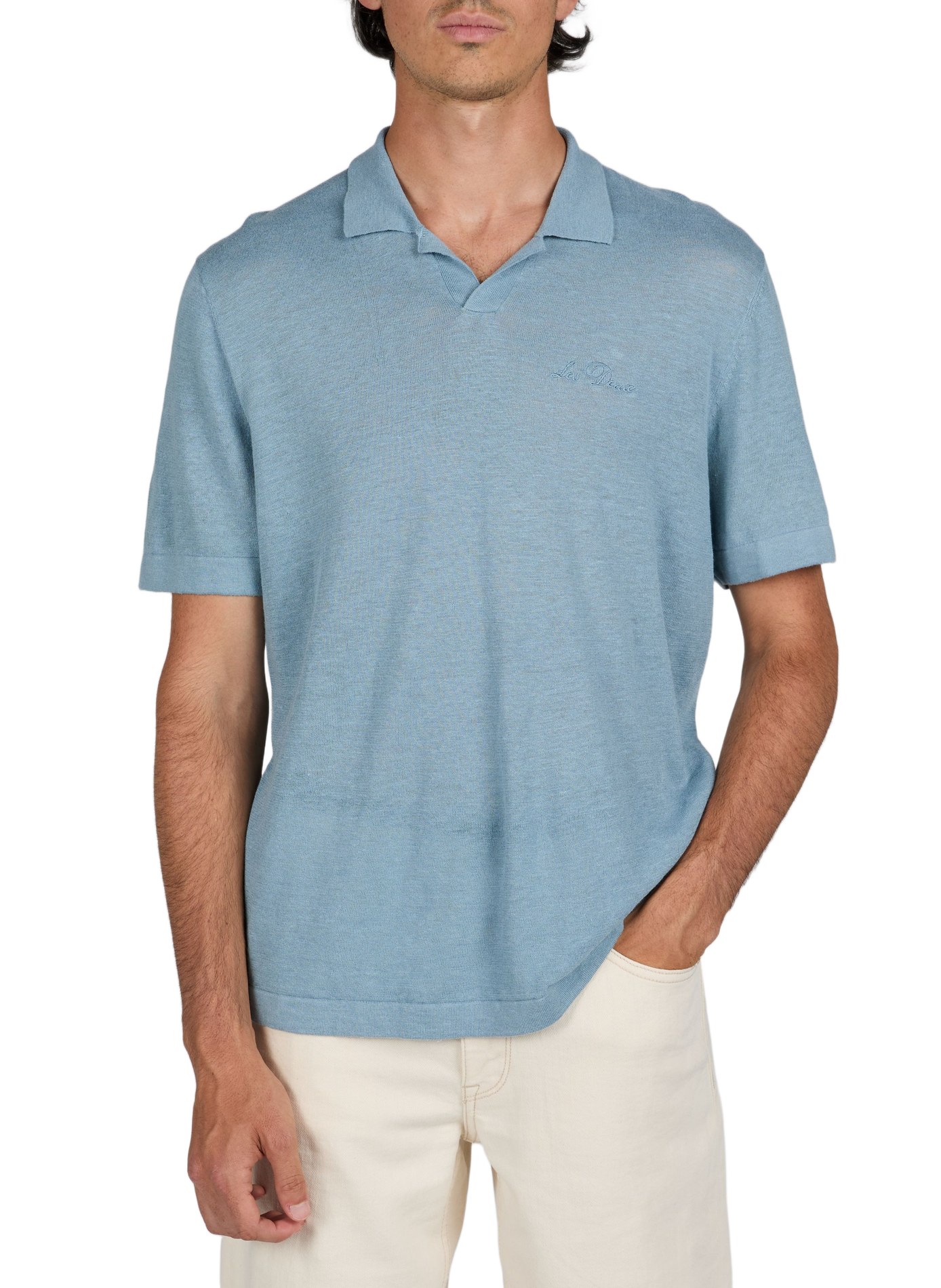 Short-sleeved embroidered linen and cotton polo LES DEUX Blue