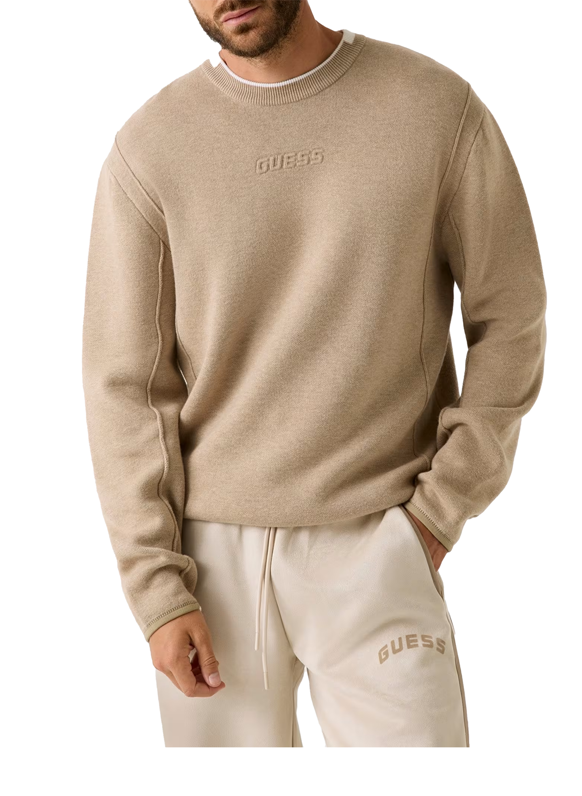 GUESS Cotton-blend round-neck jumper Beige