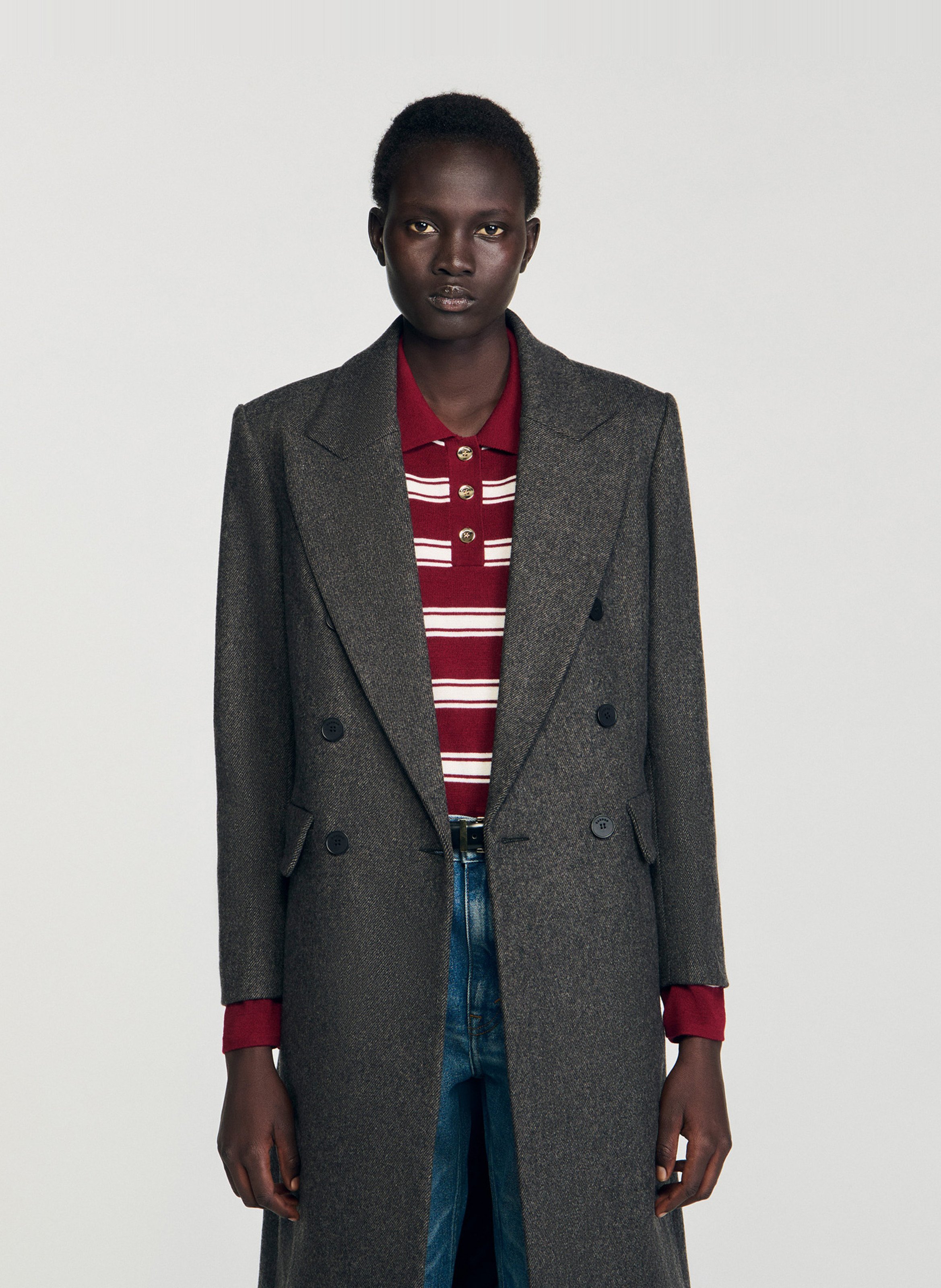 Manteau col tailleur en laine mélangée SANDRO Gris