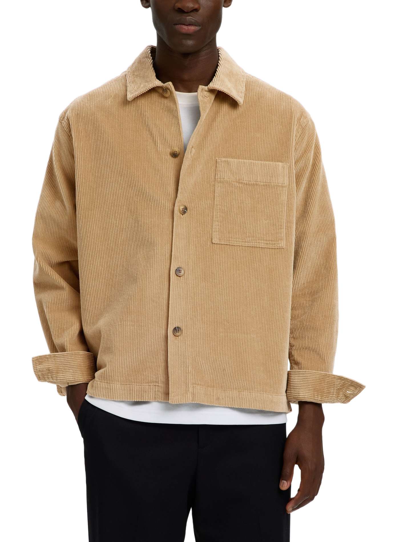 Rechte geribbelde katoenmix overhemd SELECTED Beige
