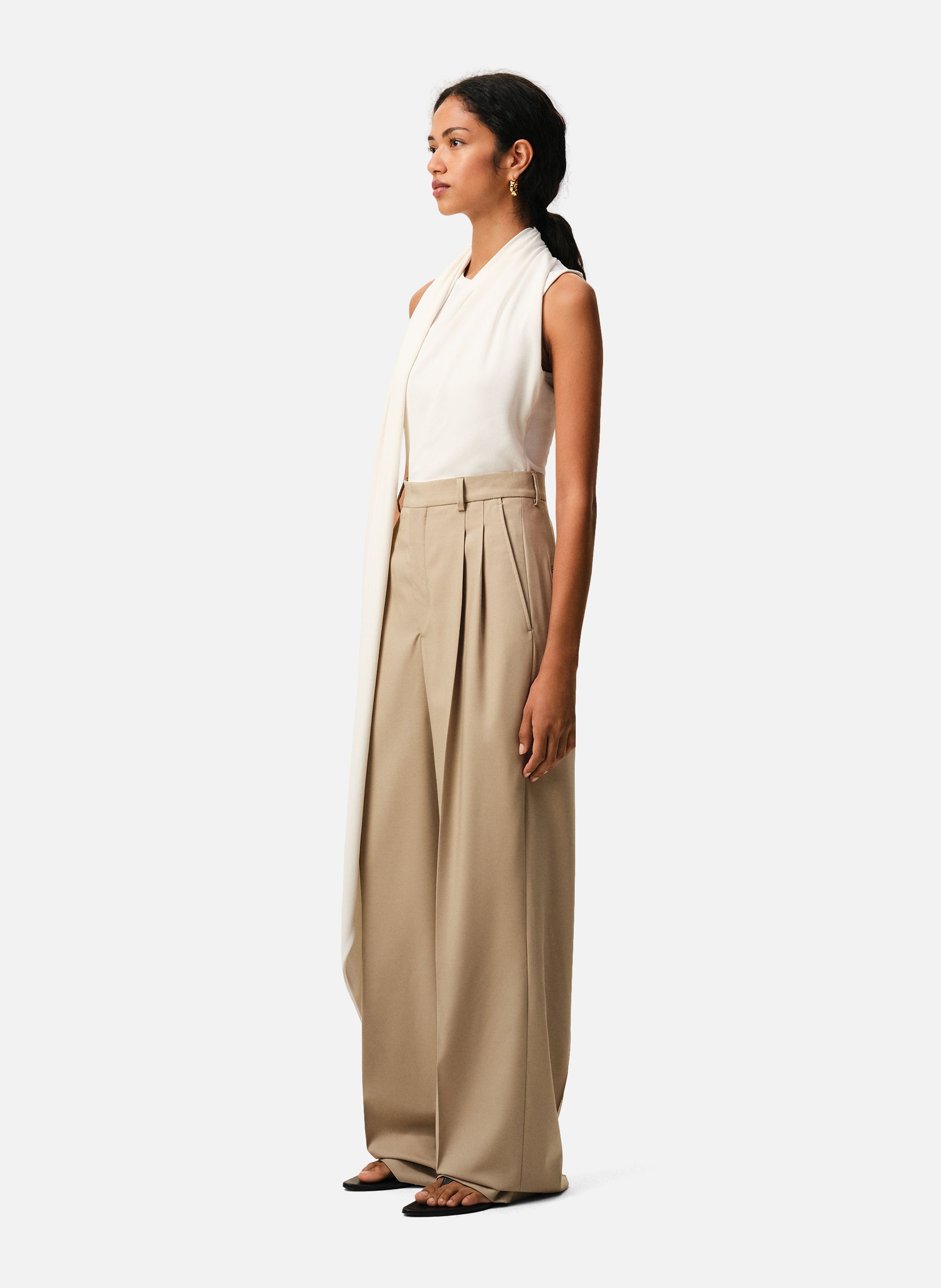 Pantalon large taille haute en laine vierge AMI PARIS Beige