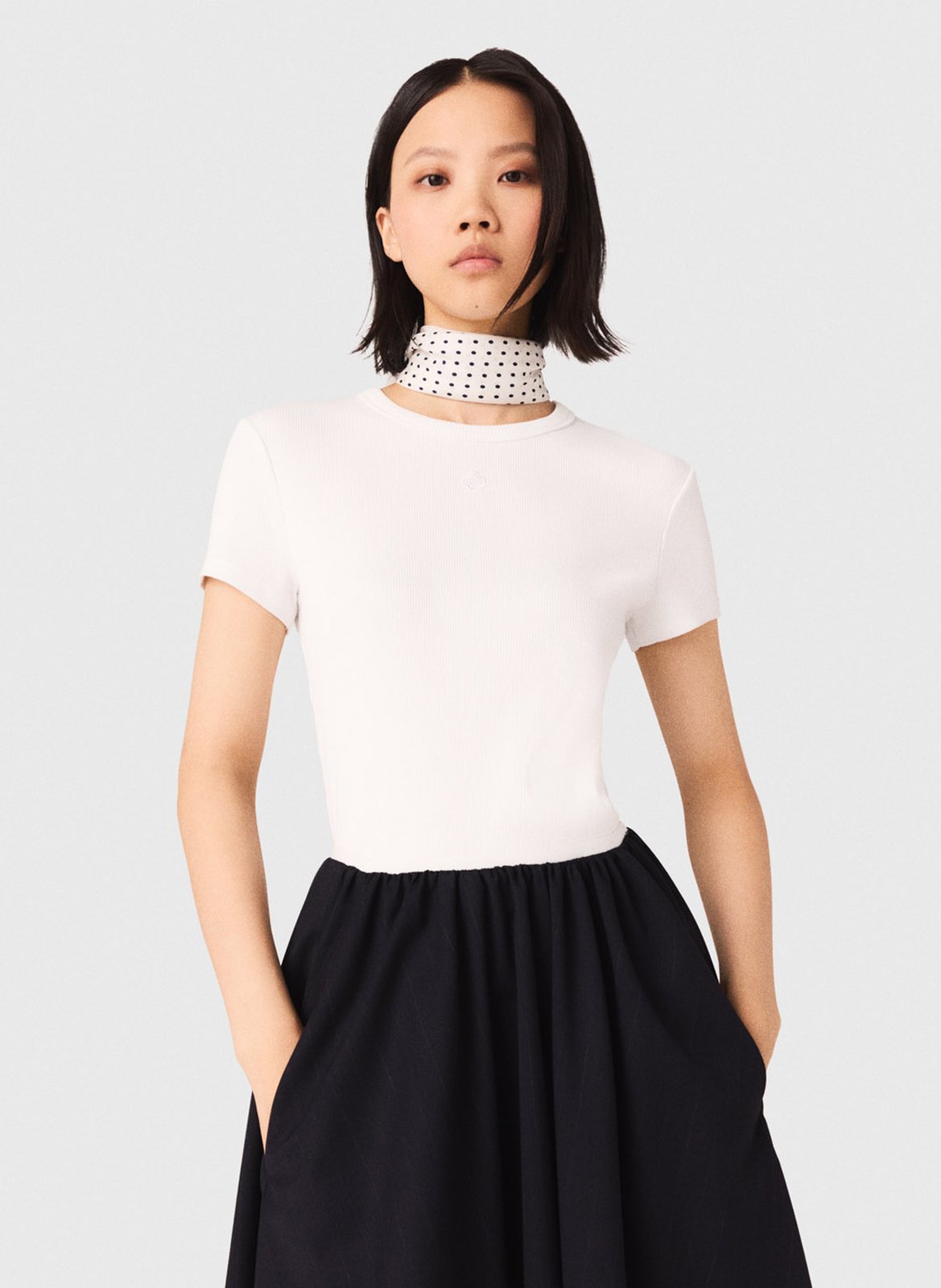 T-shirt ajusté col rond en coton mélangé MAJE Blanc