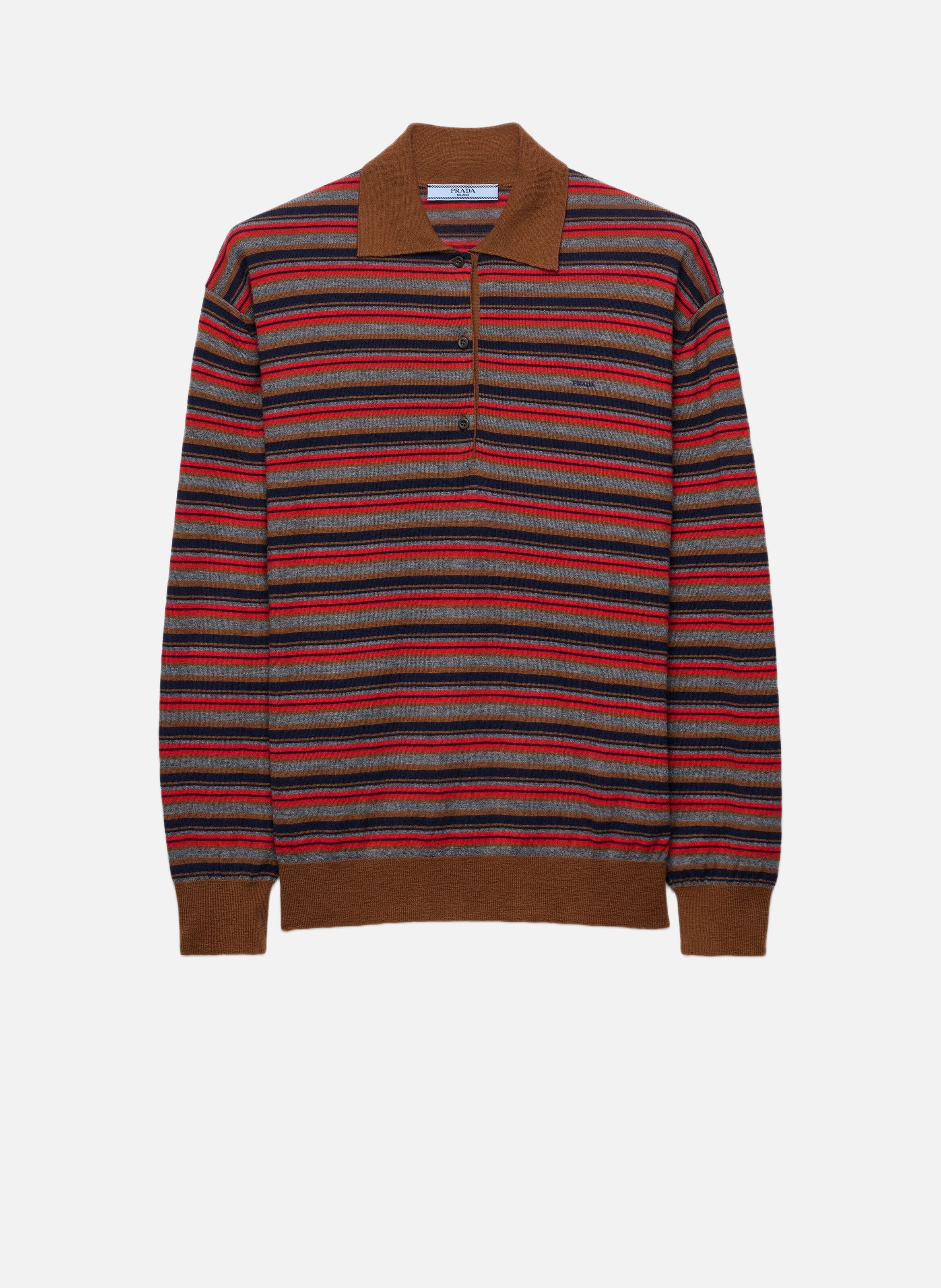 Pull polo en cachemire à rayures PRADA Marron