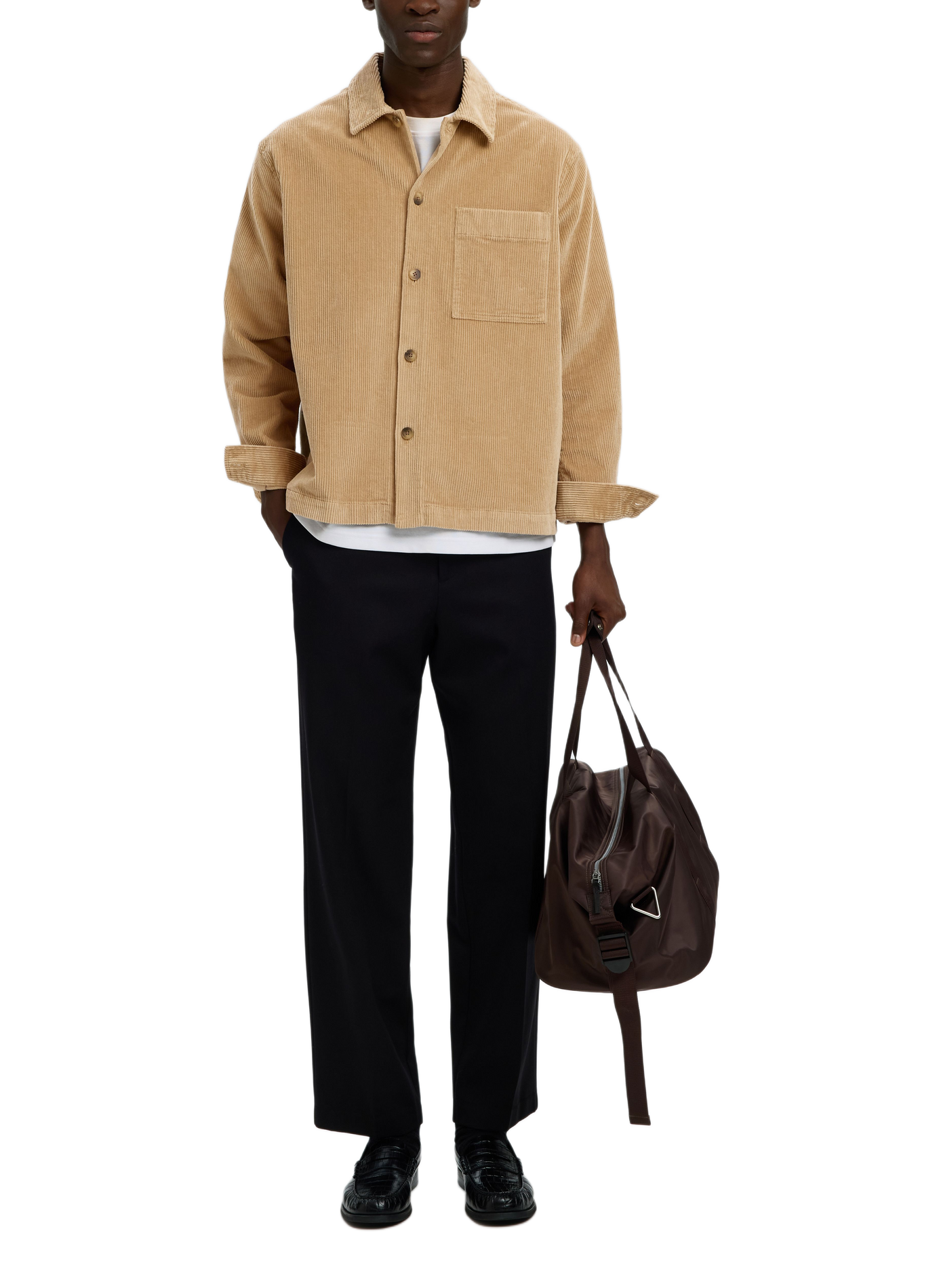 Rechte geribbelde katoenmix overhemd SELECTED Beige