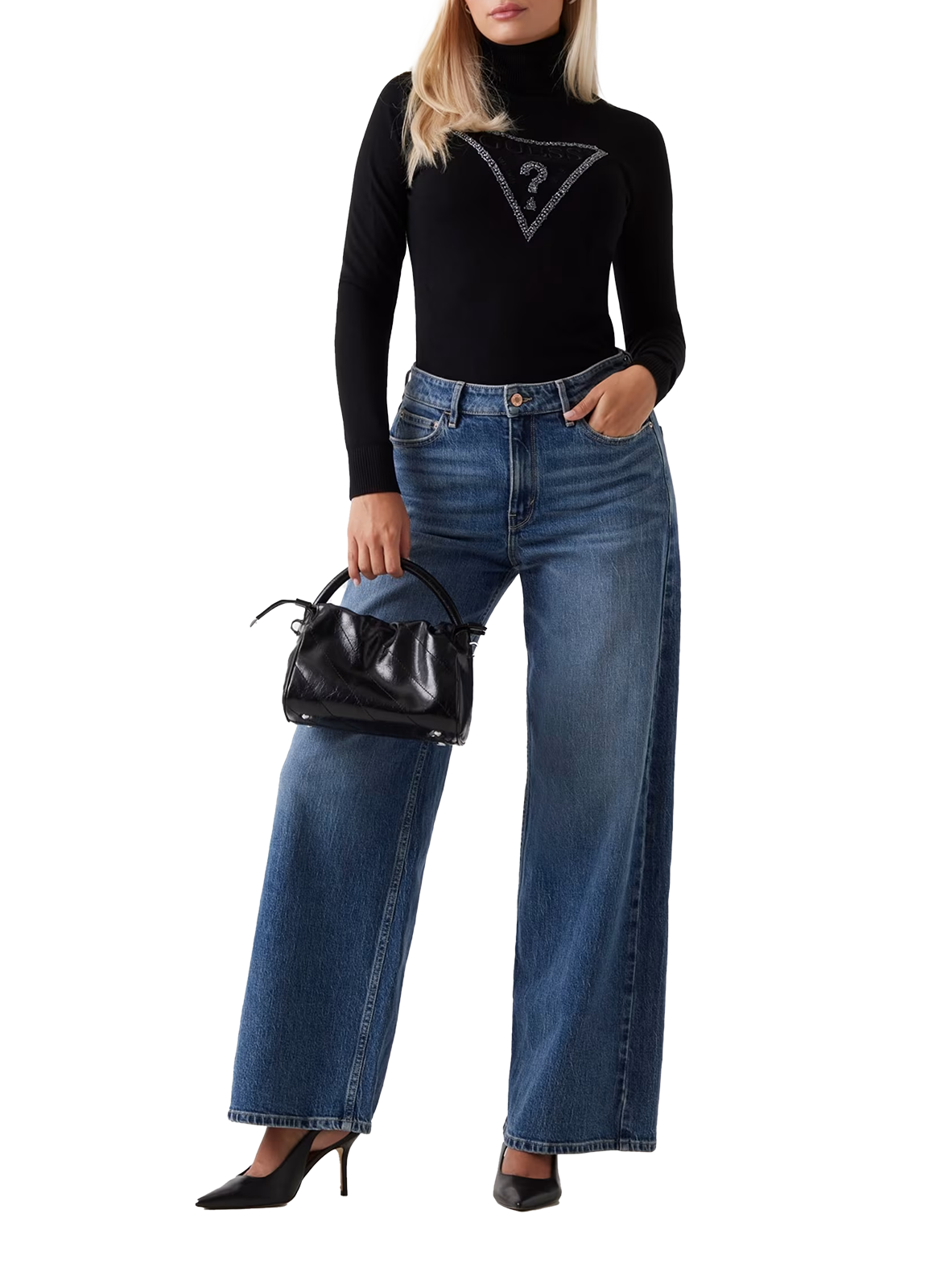 Pull col roulé brodé GUESS Noir