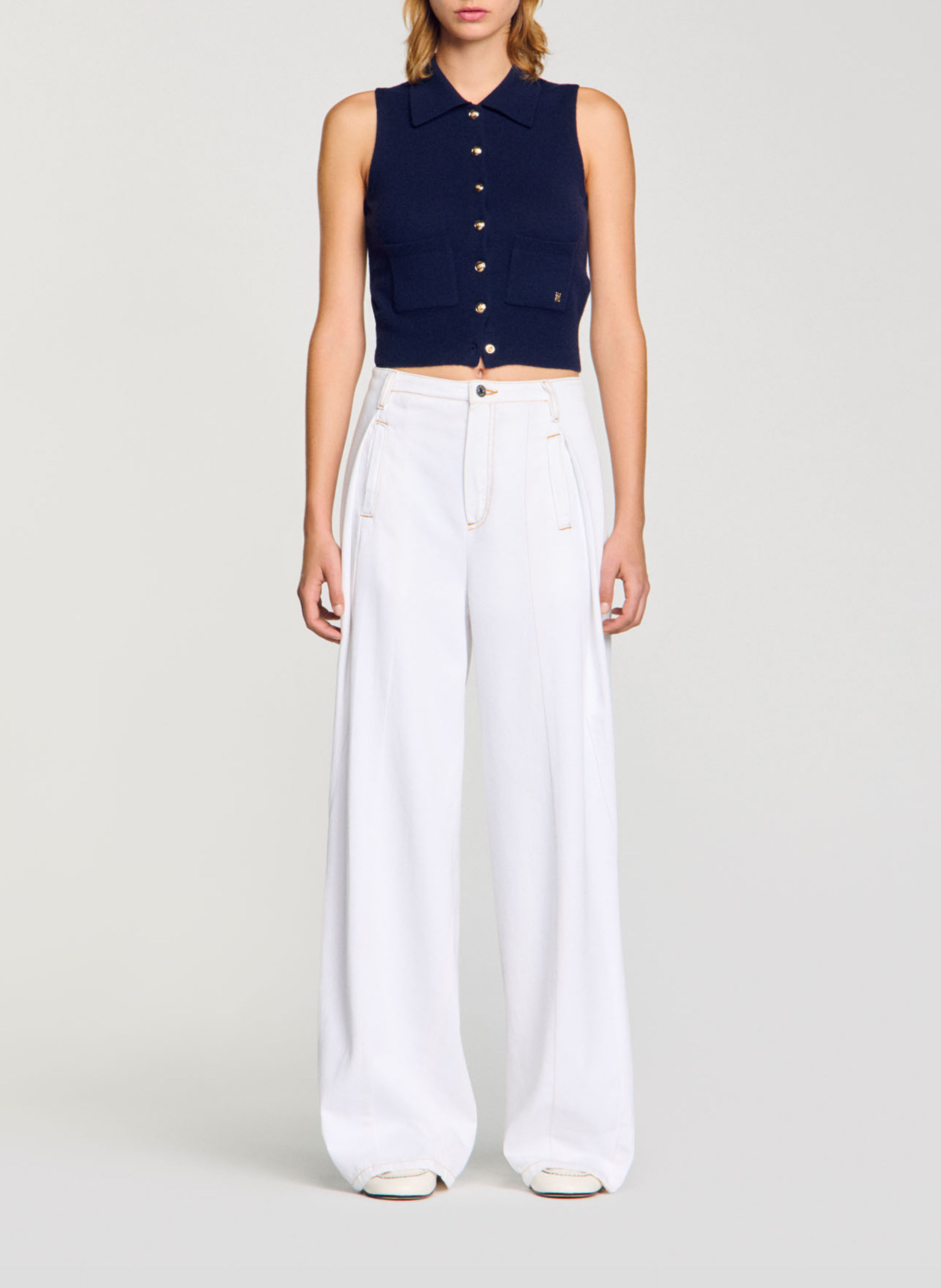 Jean large surpiqué en coton SANDRO Blanc