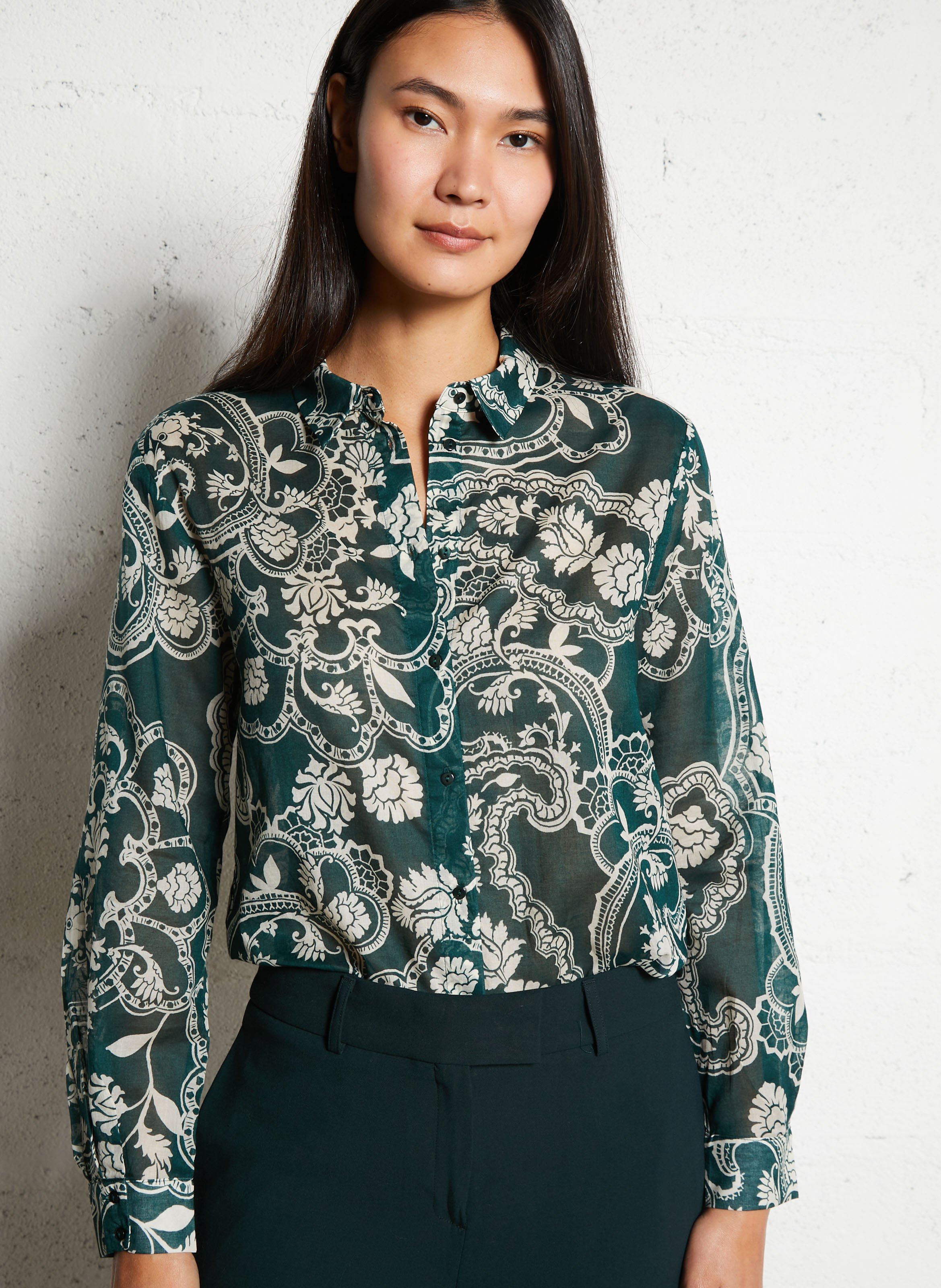 MAISON 123 Chemise droite imprimée en coton colette Vert