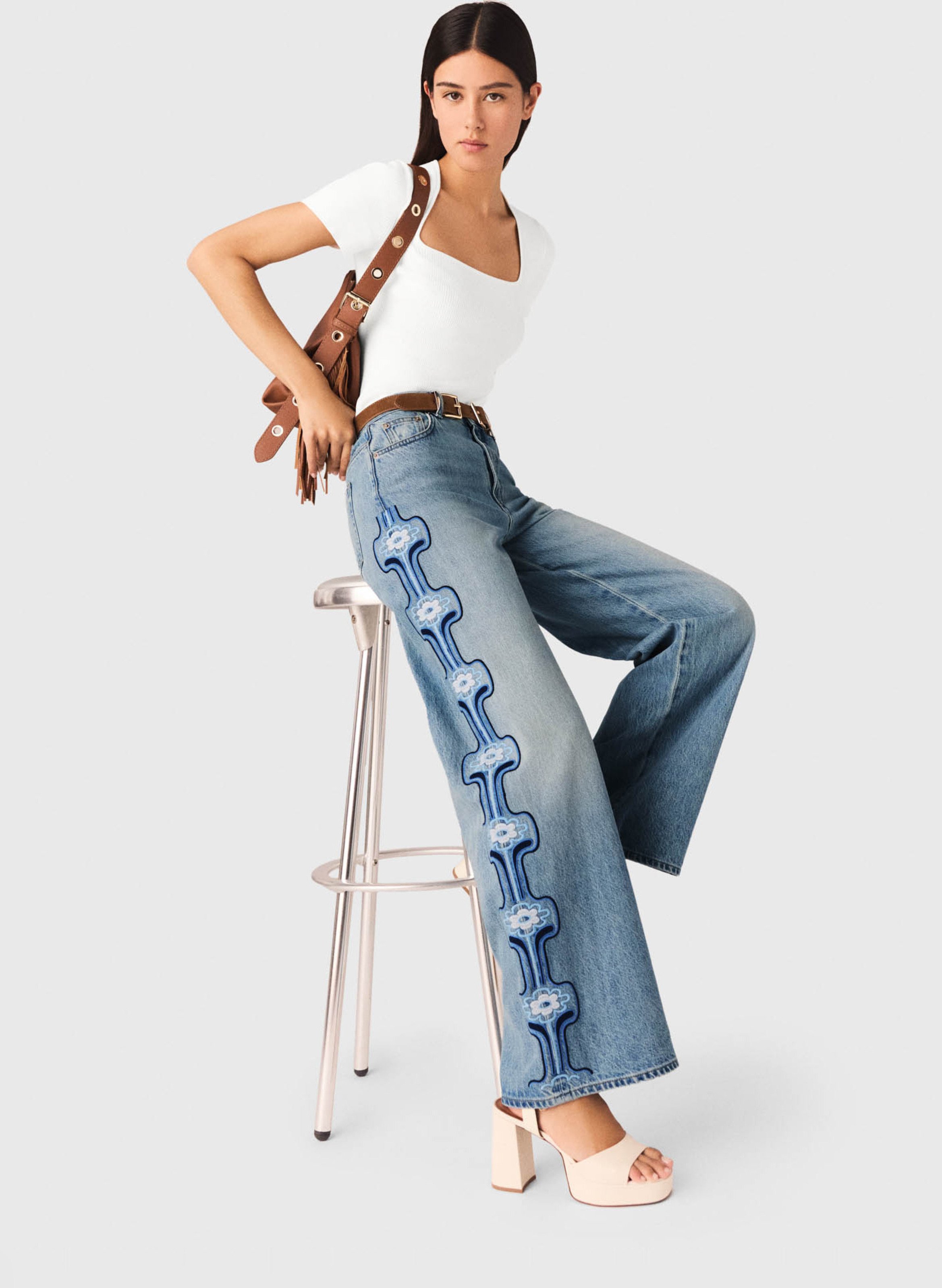 Jean large taille haute brodé MAJE Bleu