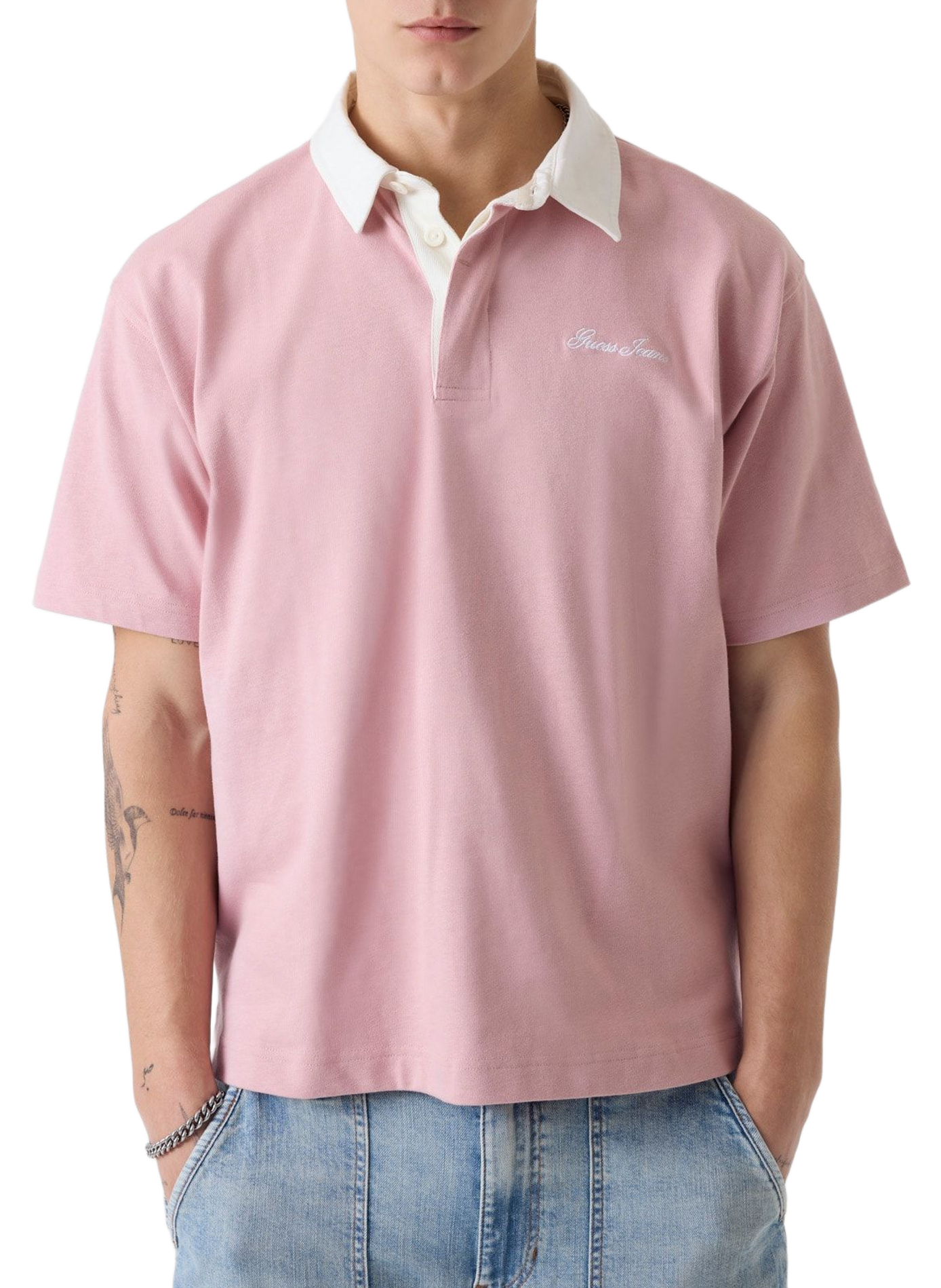 Short-sleeved cotton polo with logo embroidery GUESS Pink