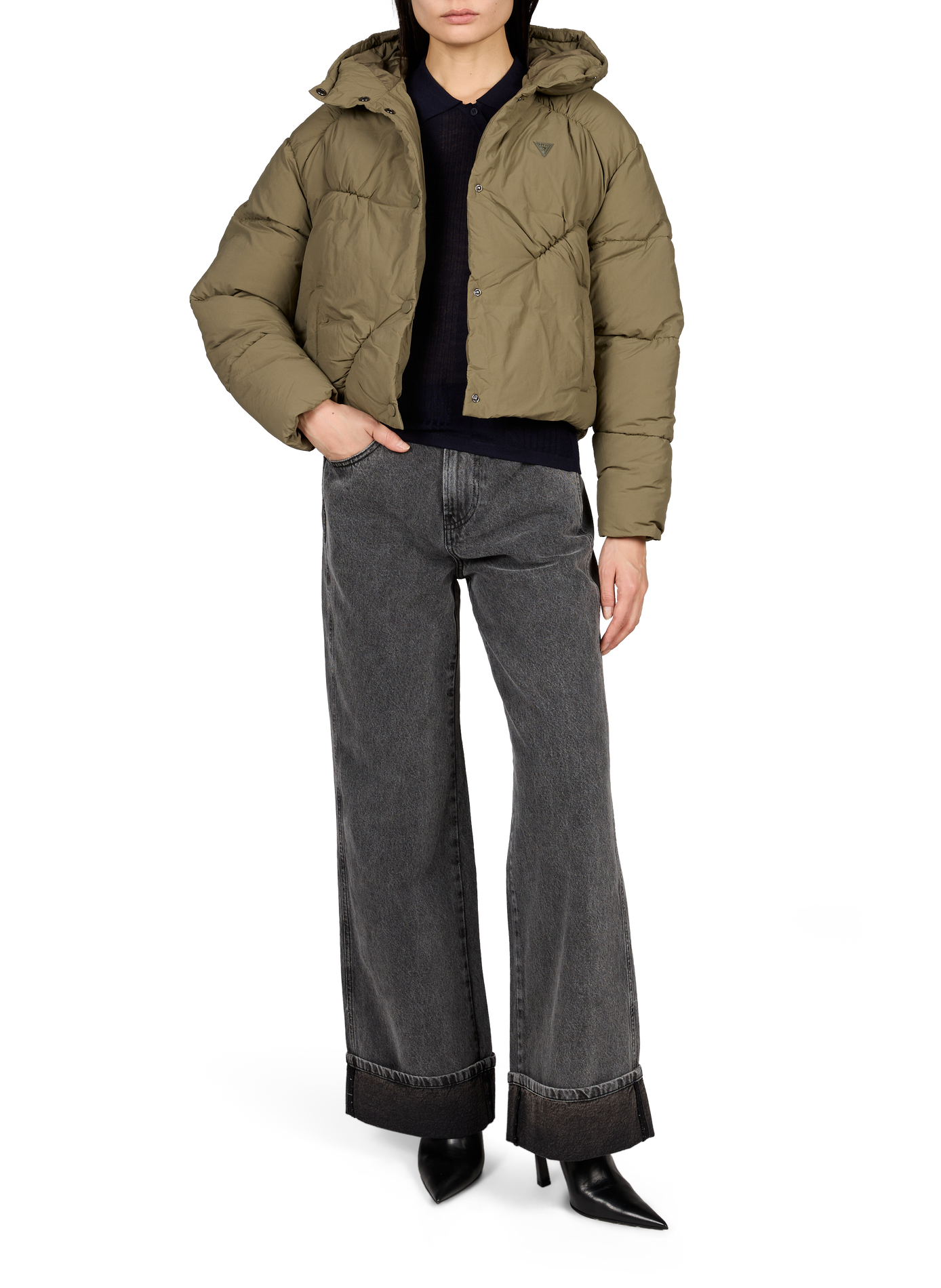 Solid straight hooded puffer coat GUESS Beige
