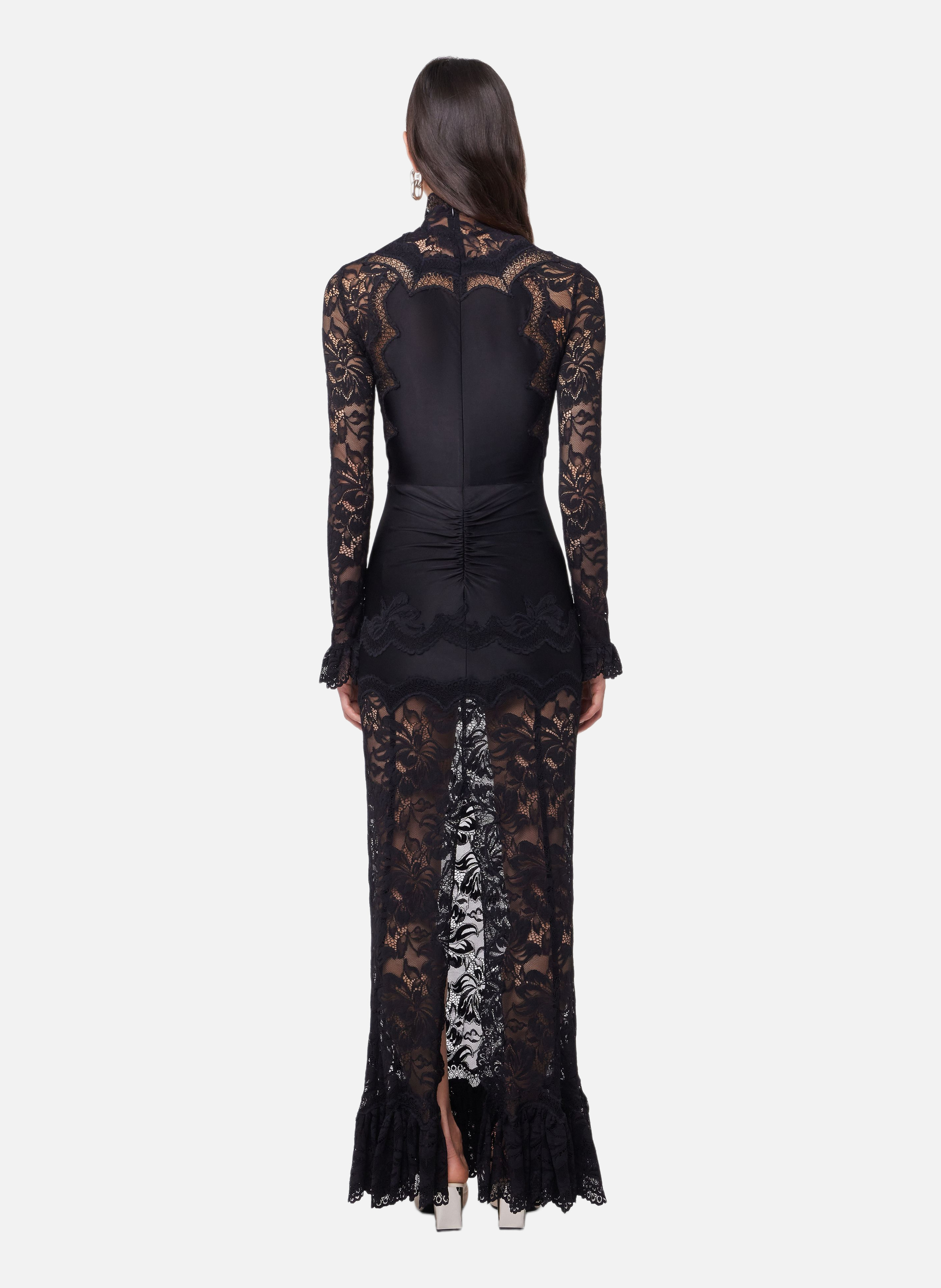 Robe longue en dentelle et jersey Noir