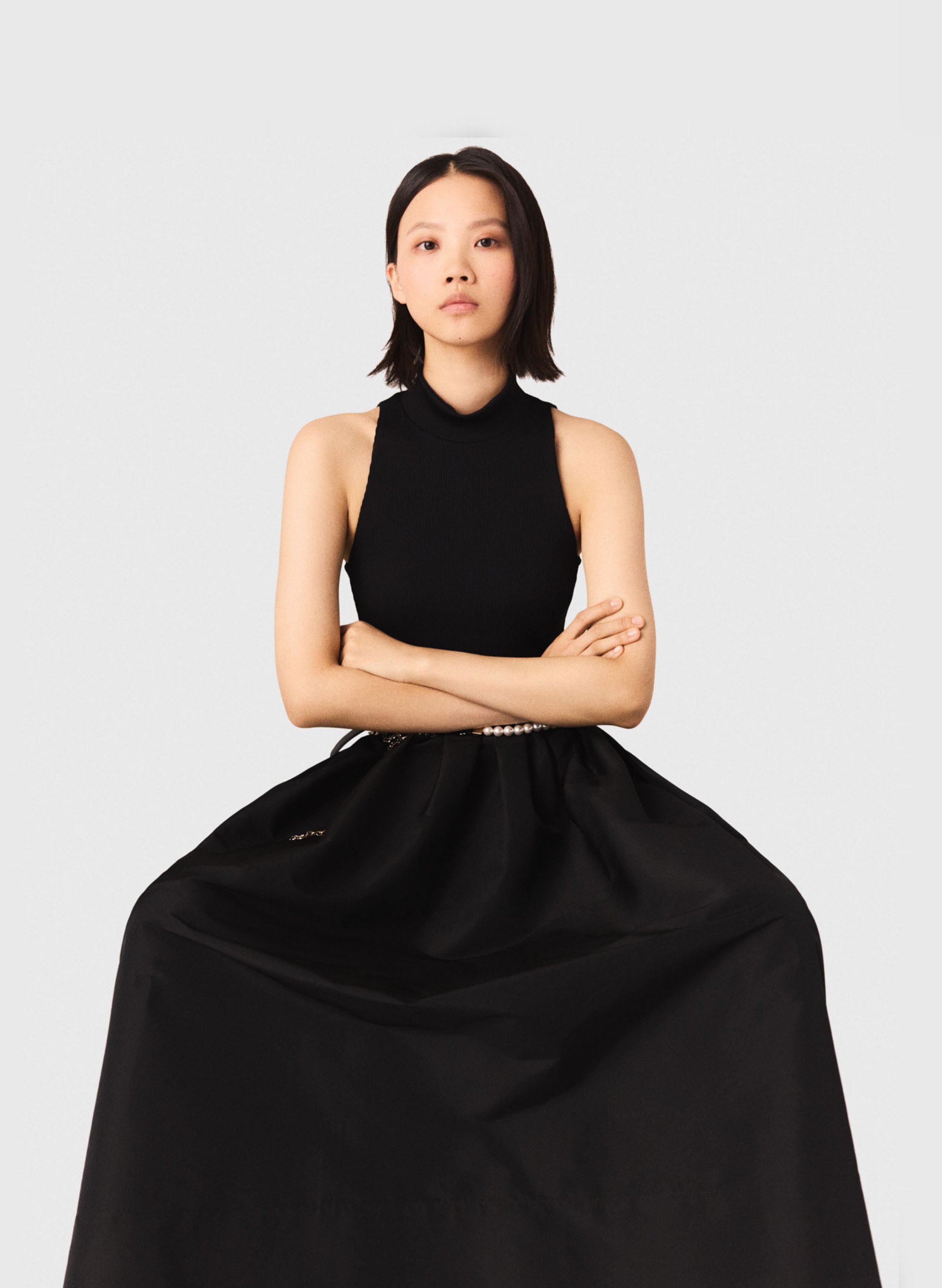 Robe midi évasée col montant MAJE Noir