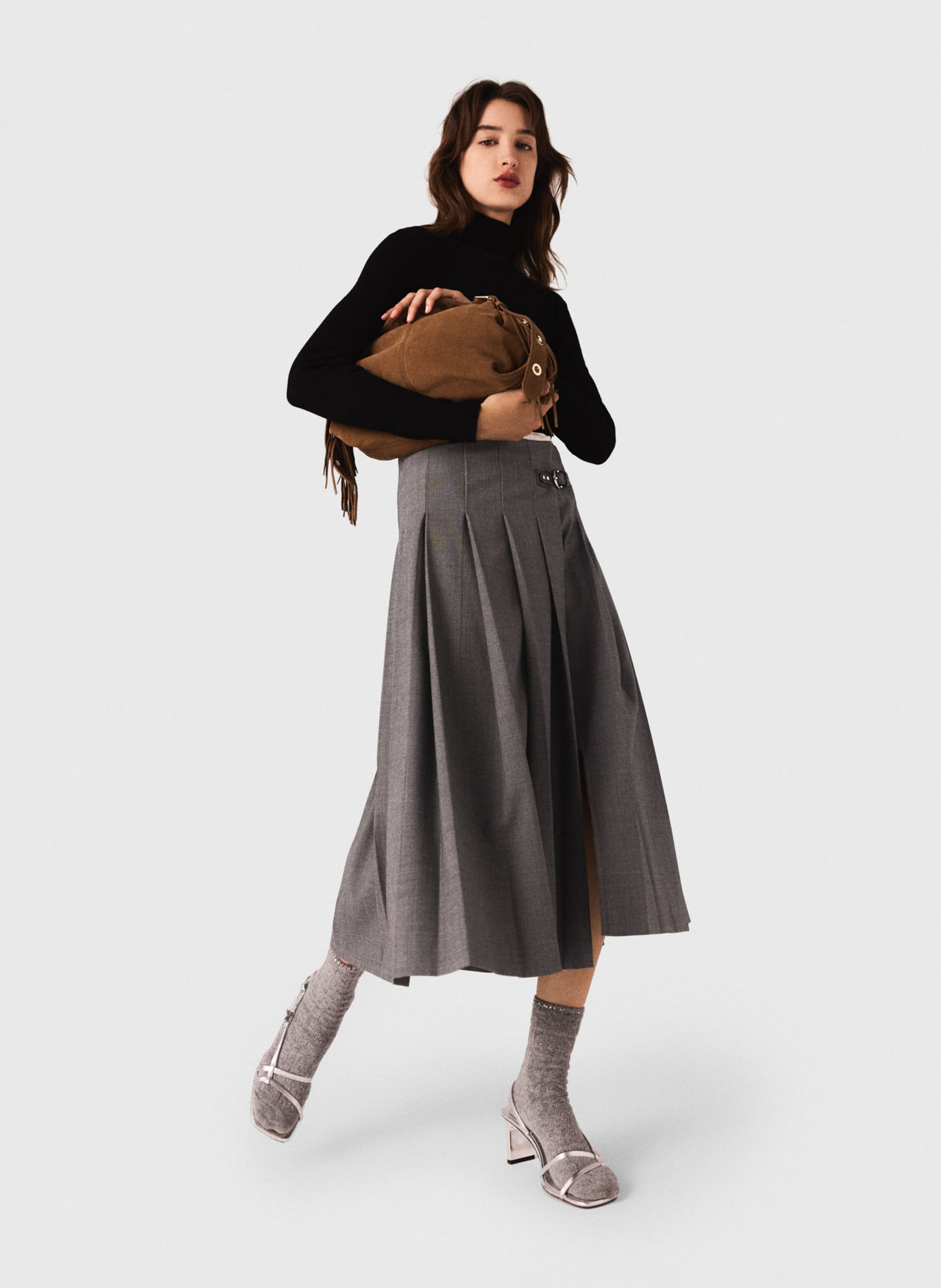 Jupe midi plissée MAJE Gris