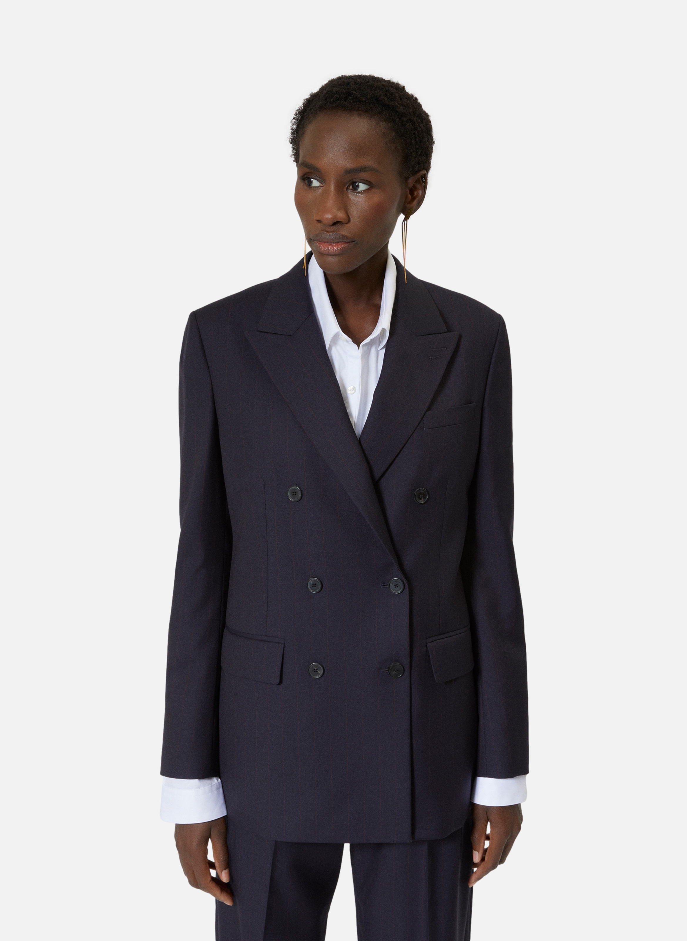 Veste tailleur croisée en laine rayée THE KOOPLES Bleu