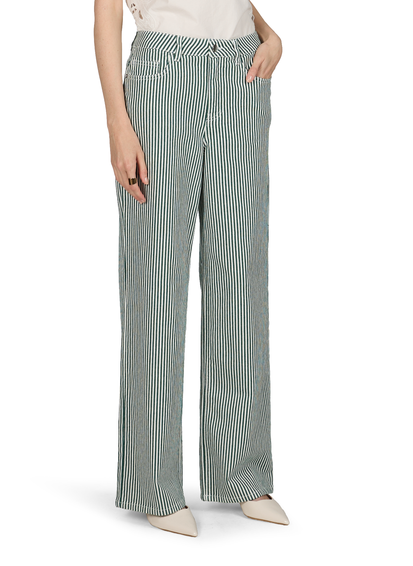 Wide-leg Striped Cotton Blend Jeans OBJECT White